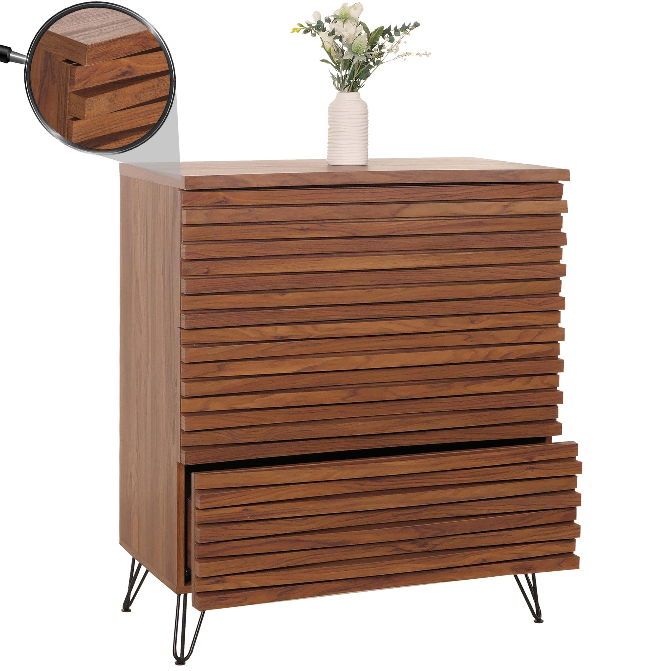 Kommode MCW-M49, Sideboard Schrank Highboard, 3D-Design 3 Schubladen MDF Metall 94x80x45cm ~ Walnuss-Optik 