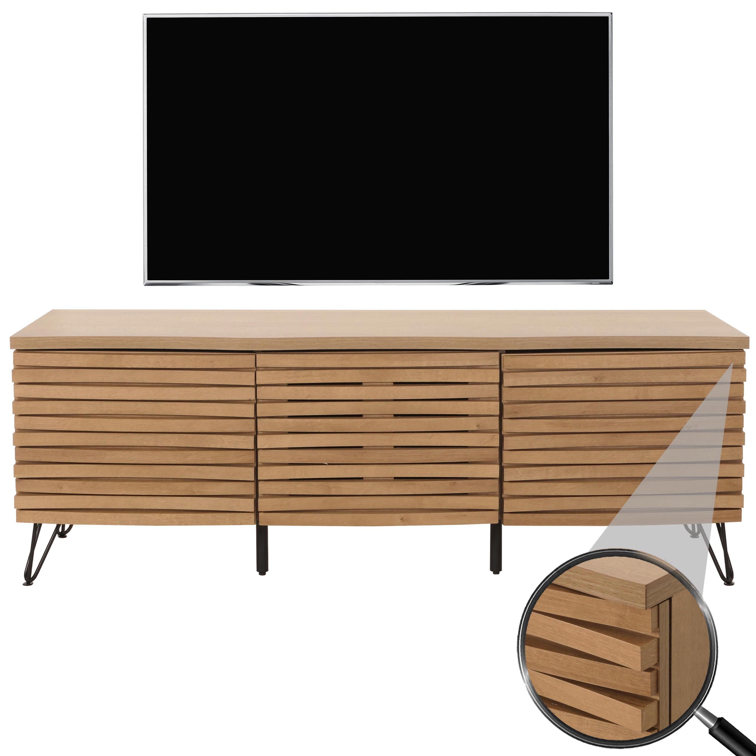 TV-Rack MCW-M49, Lowboard TV-Schrank, 3D-Design Stauf&auml;cher, MDF Metall 52x142x44cm ~ natur 