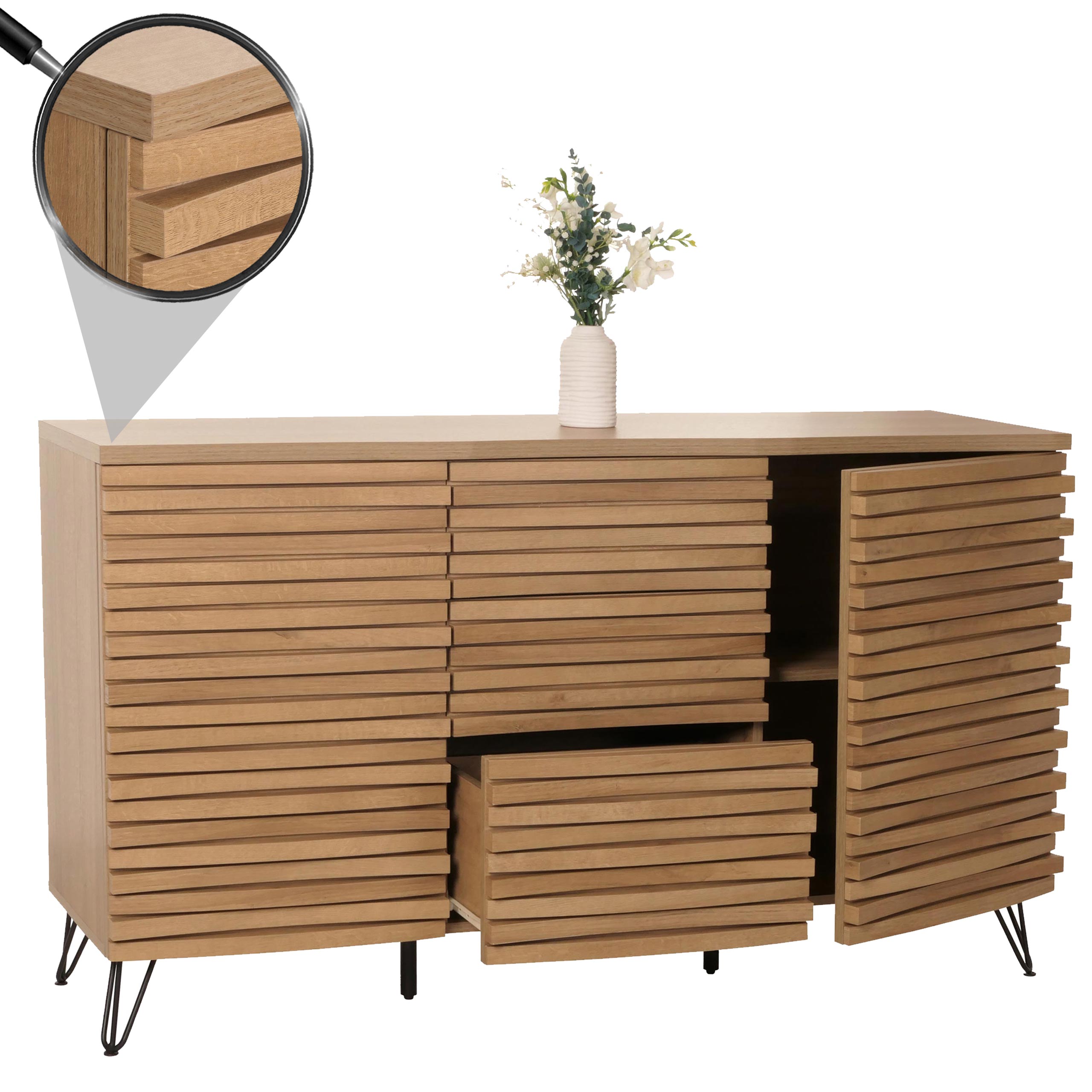 Sideboard MCW-M49, Schrank Kommode Highboard, 3D-Design Stauf&auml;cher, MDF Metall 85x142x44cm ~ natur 