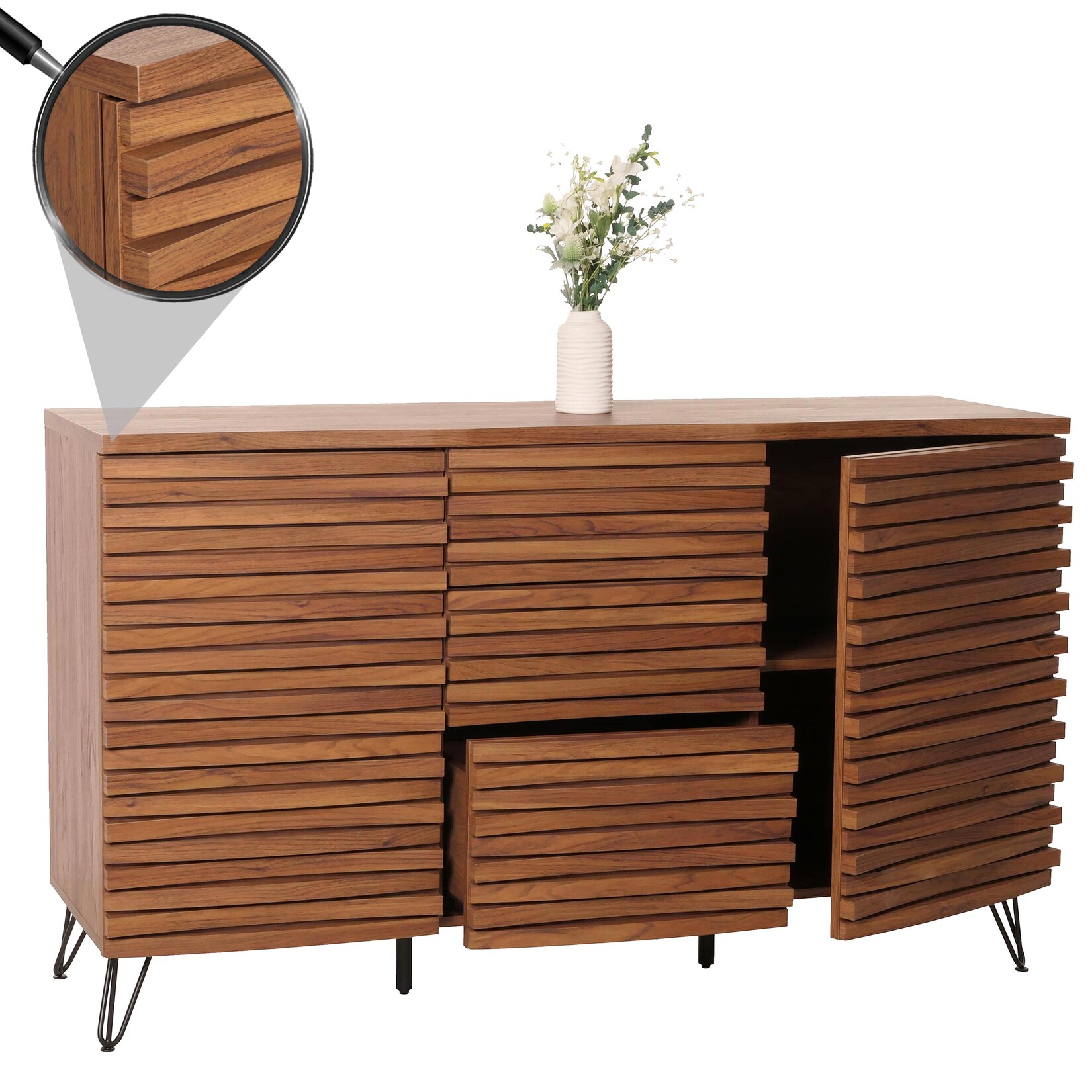 Sideboard MCW-M49, Schrank Kommode Highboard, 3D-Design Staufächer, MDF Metall 85x142x44cm ~ Walnuss-Optik Image