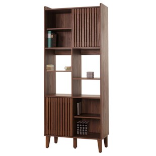 Bücherregal MCW-M48, Bücherschrank Hochschrank, Schiebetür 8 Staufächer MDF 178x75x35cm ~ Walnuss-Optik 