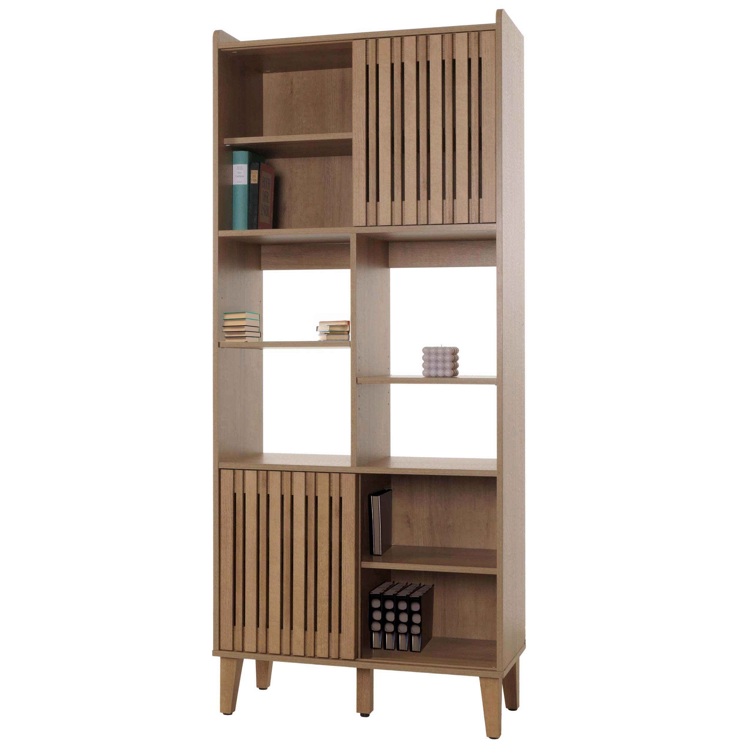 B&uuml;cherregal MCW-M48, B&uuml;cherschrank Hochschrank, Schiebet&uuml;r 8 Stauf&auml;cher MDF 178x75x35cm ~ natur 
