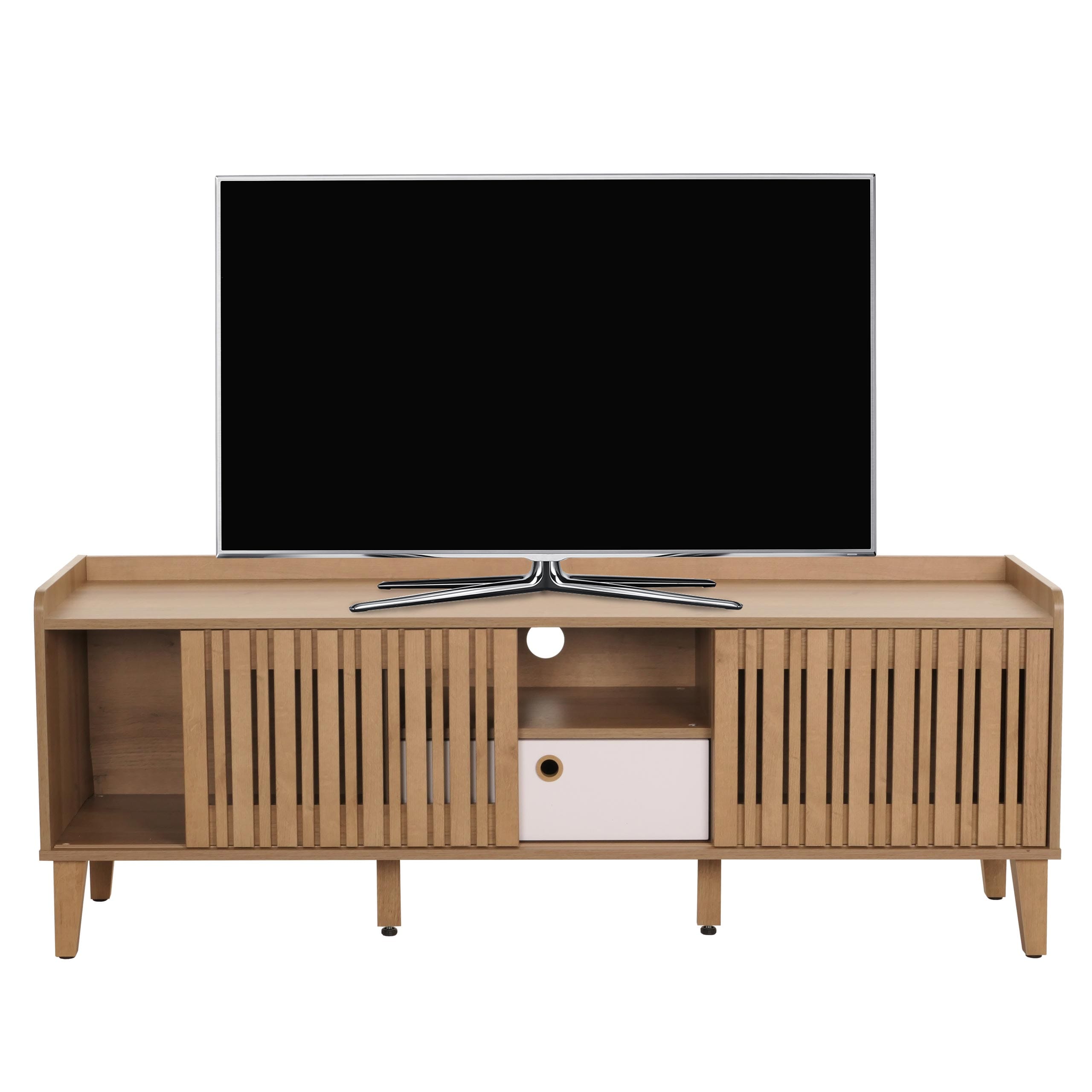TV-Rack MCW-M48, Lowboard TV-Schrank, Schiebet&uuml;r 56x150x40cm ~ natur, Schublade wei&szlig; 