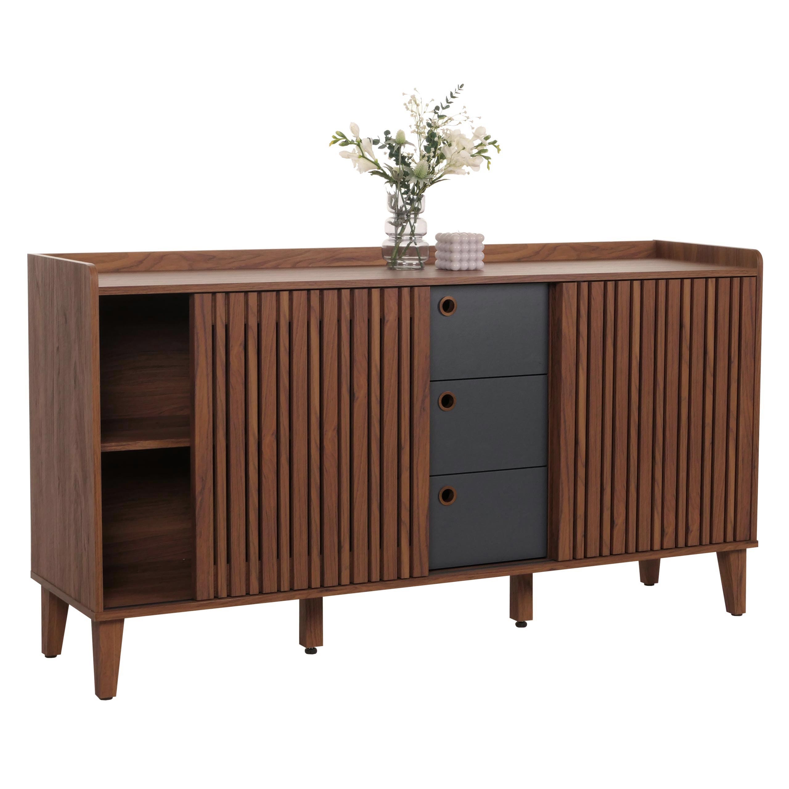 Sideboard MCW-M48, Kommode, Schiebet&uuml;r Staufach, MDF 81x150x40cm ~ Walnuss-Optik, Schubladen dunkelgrau 