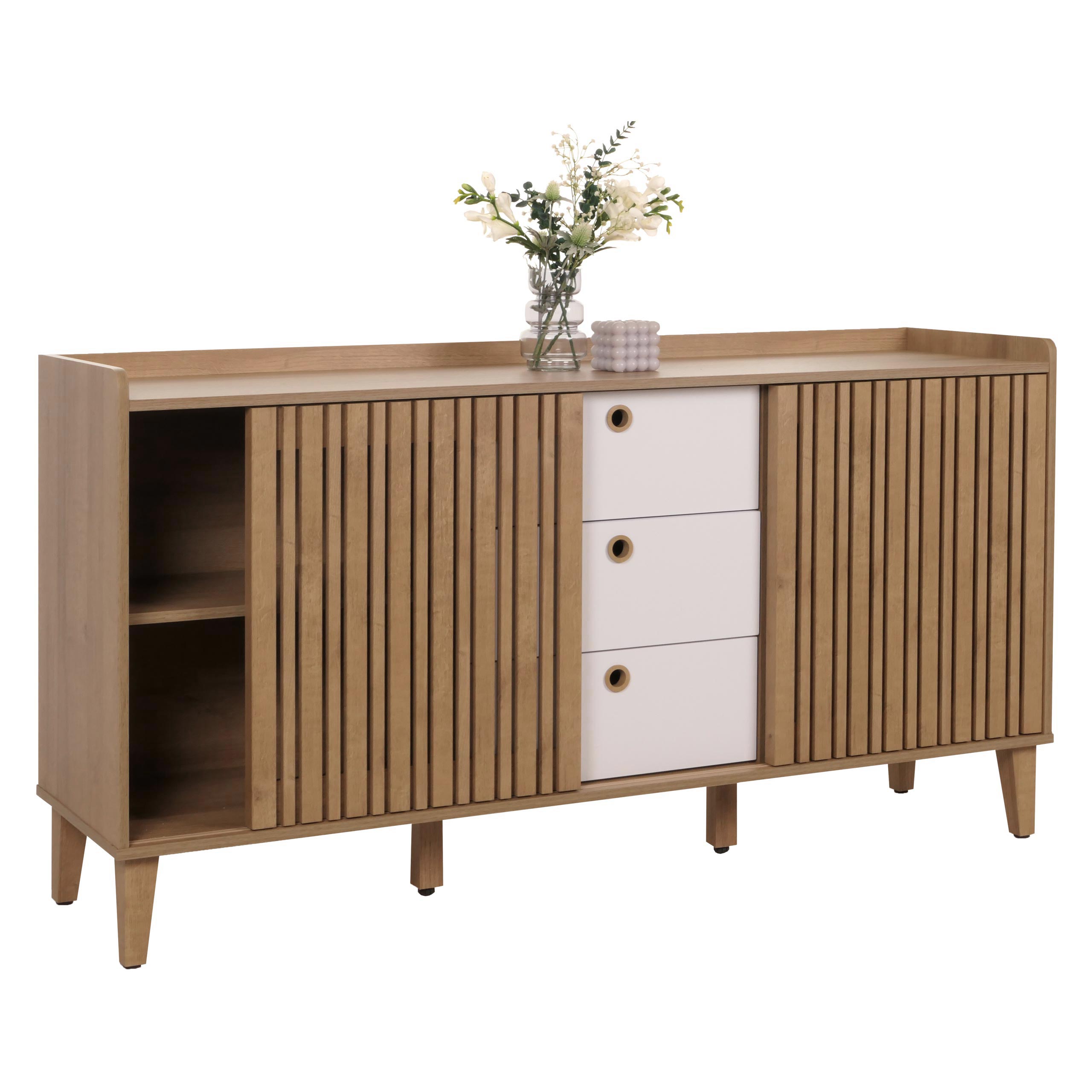 Sideboard MCW-M48, Kommode, Schiebet&uuml;r Staufach, MDF 81x150x40cm ~ natur, Schubladen wei&szlig; 
