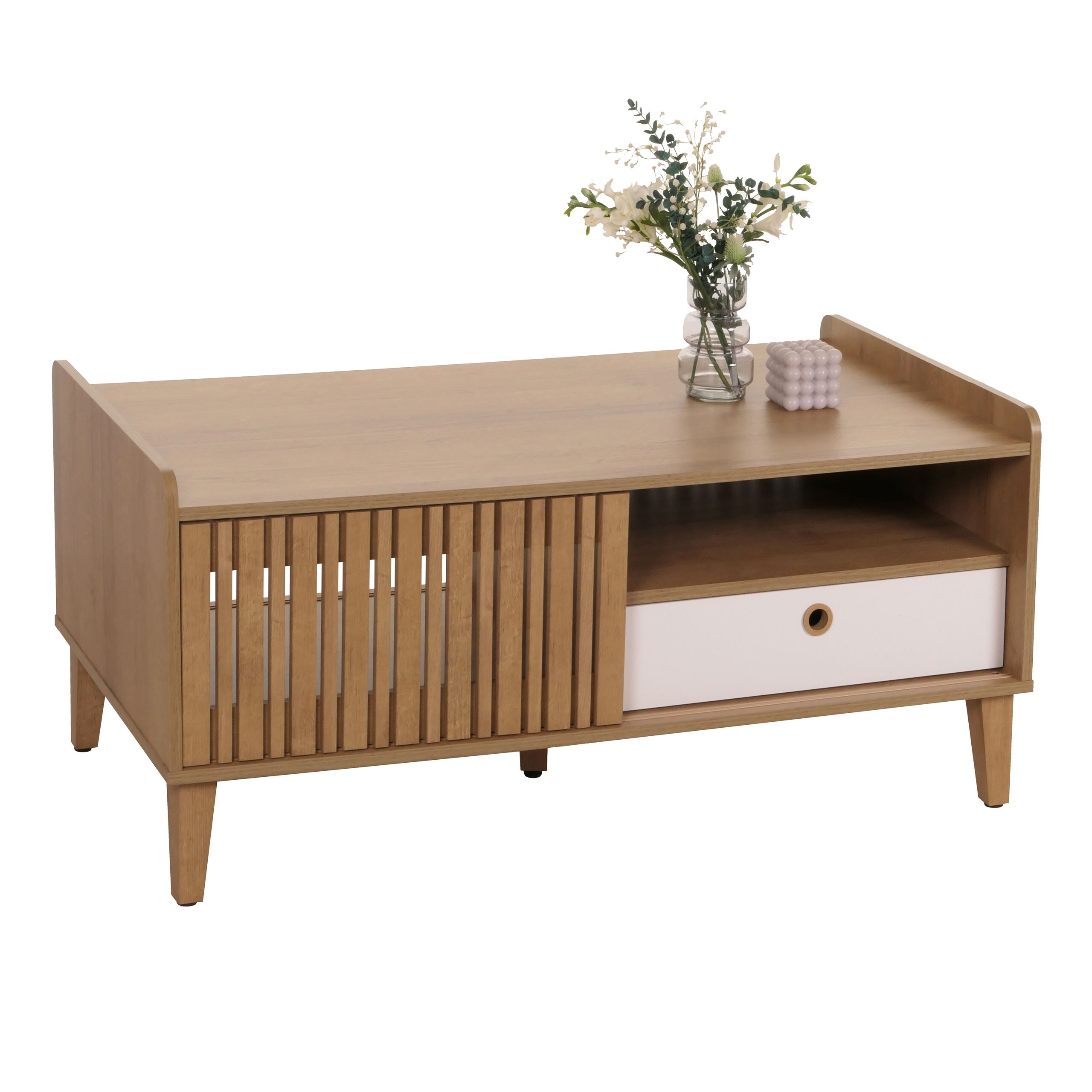 Couchtisch MCW-M48, Wohnzimmertisch Tisch Sofatisch, 52x114x59cm ~ natur, Schublade wei&szlig; 