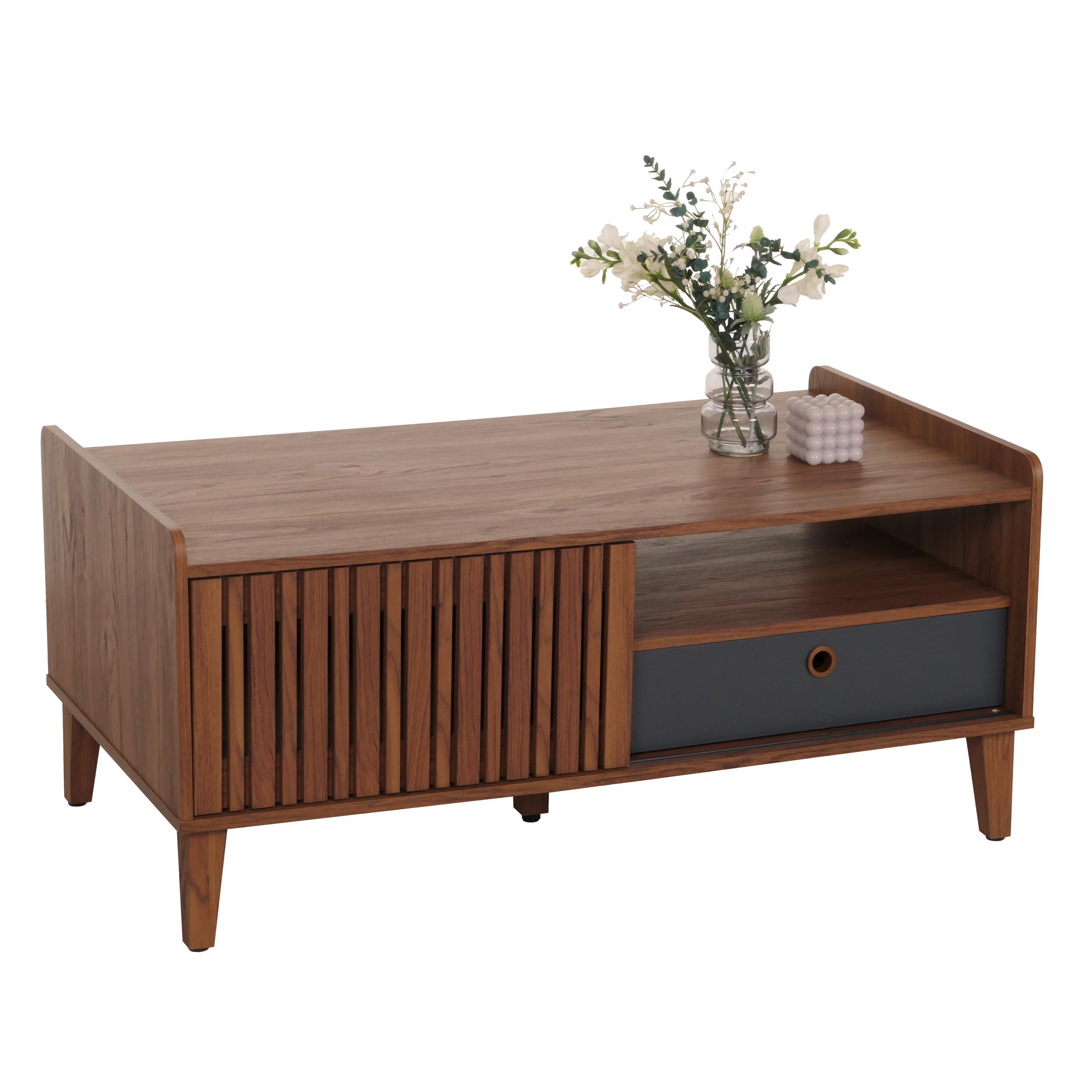 Couchtisch MCW-M48, Wohnzimmertisch Tisch Sofatisch, 52x114x59cm ~ Walnuss-Optik, Schublade dunkelgrau 