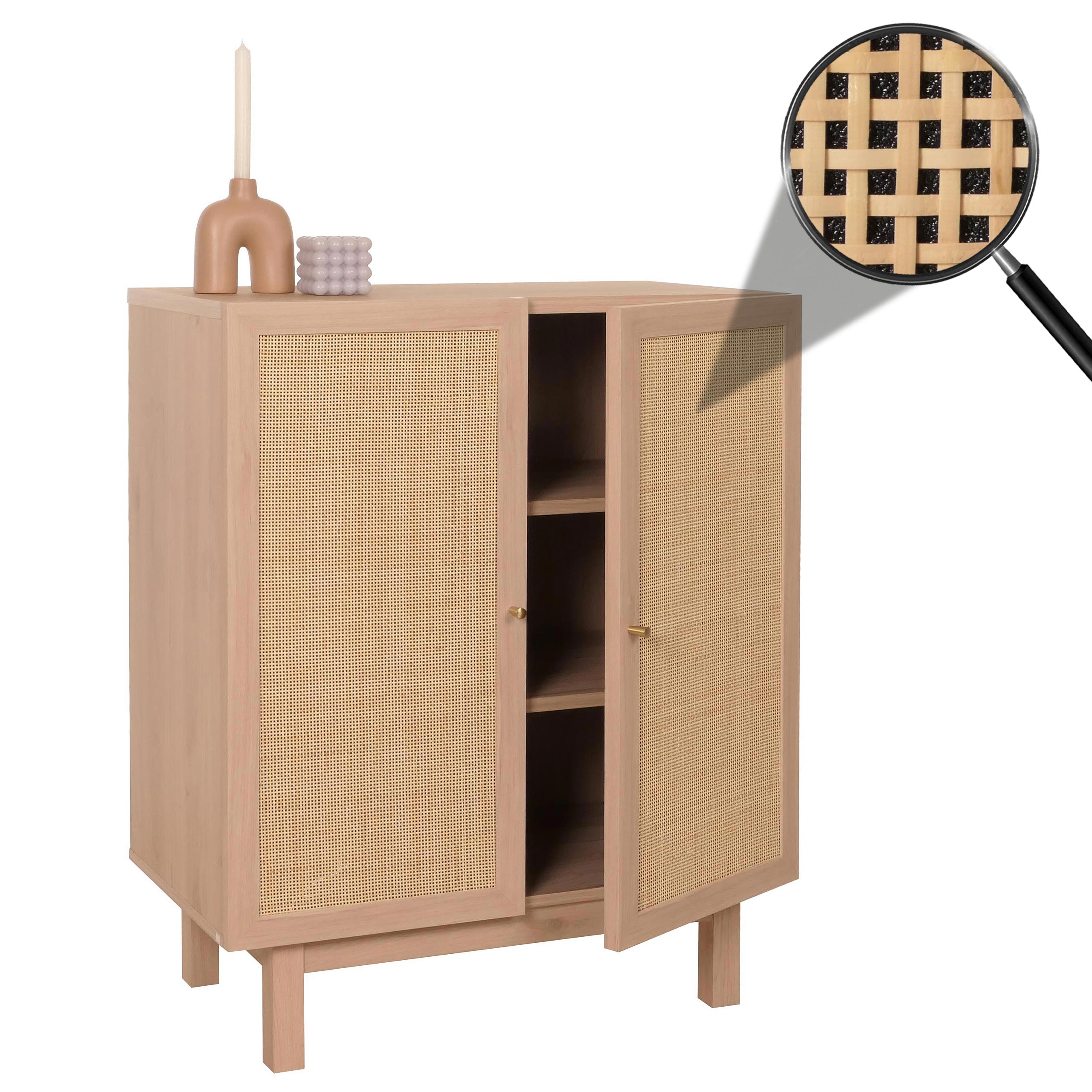 Highboard MCW-M51, Kommode Schrank Sideboard, Stauf&auml;cher, Kubu Rattan 98x79x42cm ~ natur 