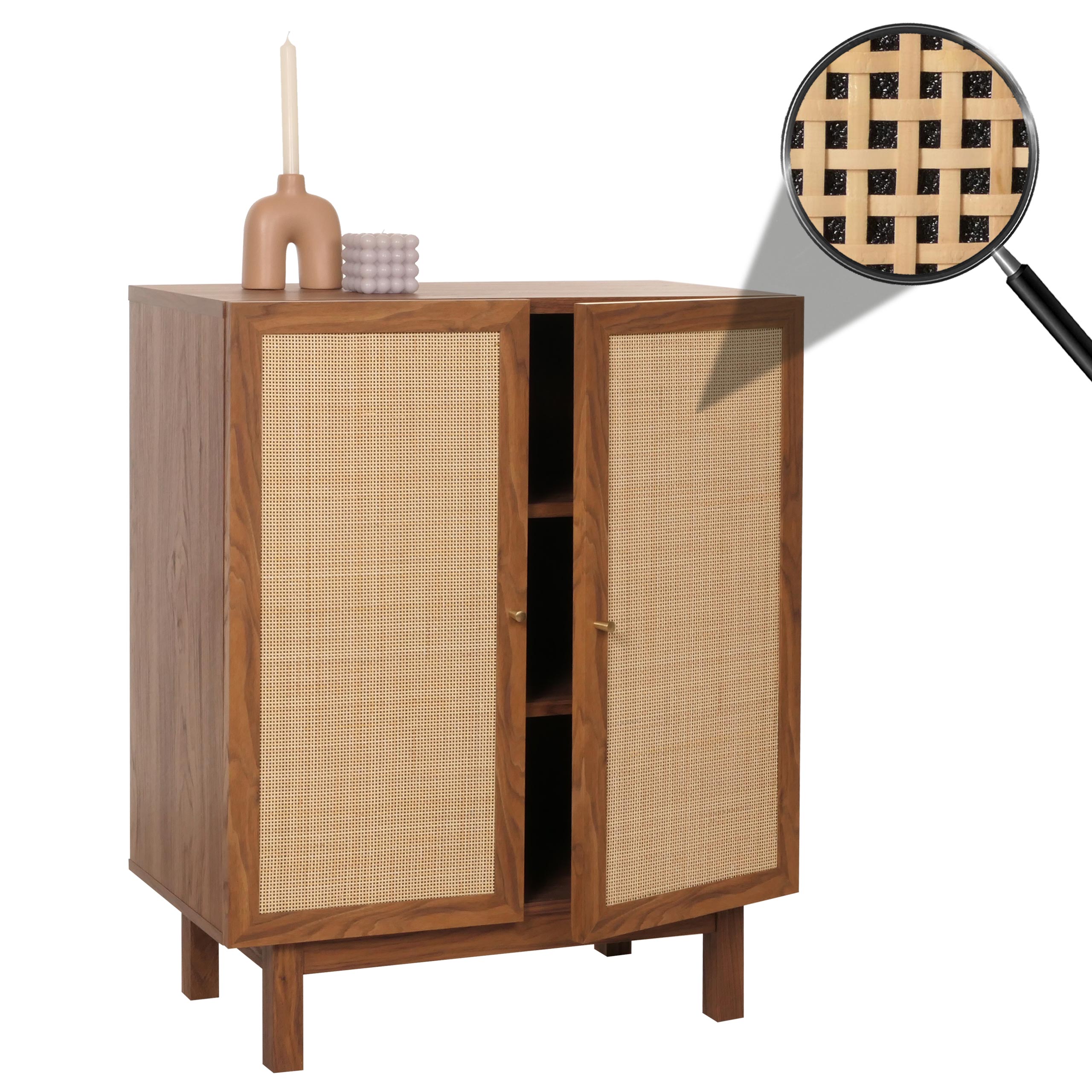 Highboard MCW-M51, Kommode Schrank Sideboard, Stauf&auml;cher, Kubu Rattan 98x79x42cm ~ Walnuss-Optik 