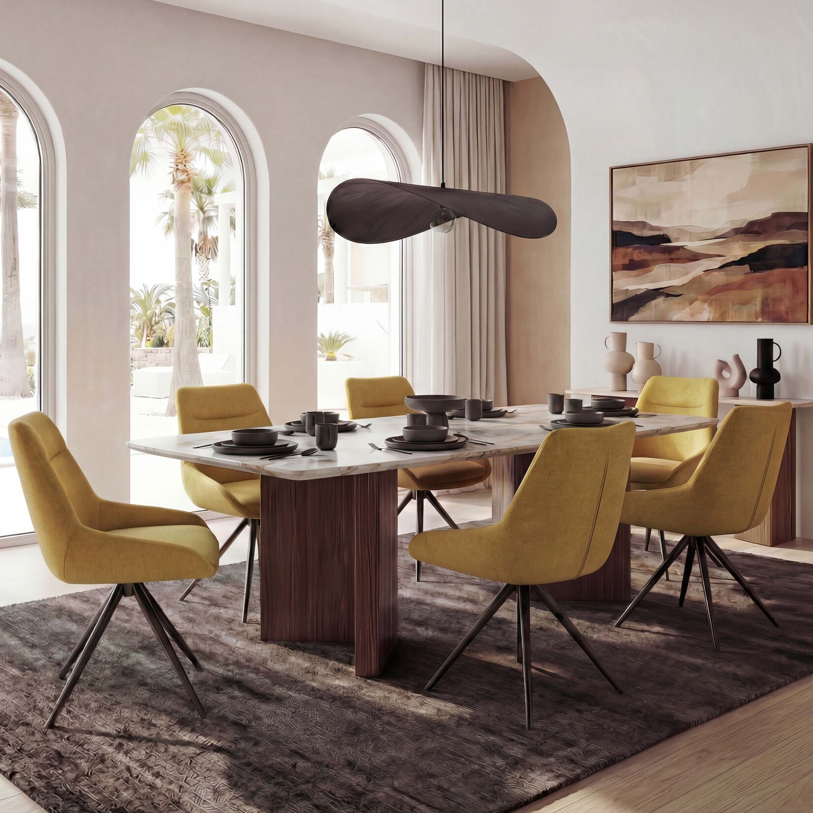 6er-Set Esszimmerstuhl MCW-M65, Küchenstuhl Lehnstuhl Stuhl, drehbar Auto-Position Metall Stoff/Textil ~ senfgelb Image