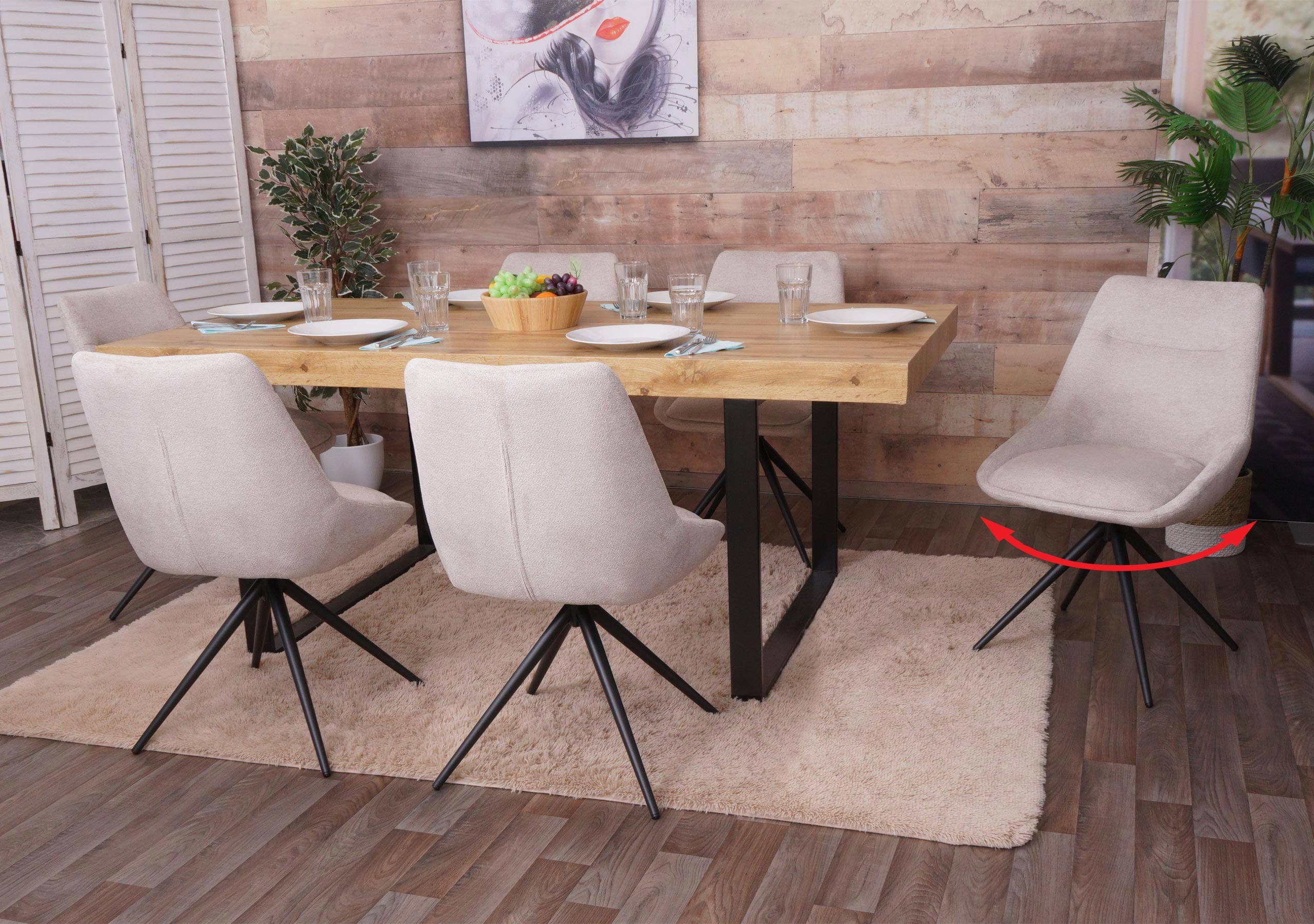 6er-Set Esszimmerstuhl MCW-M65, K&uuml;chenstuhl Lehnstuhl Stuhl, drehbar Auto-Position Metall Stoff/Textil ~ creme-beige 