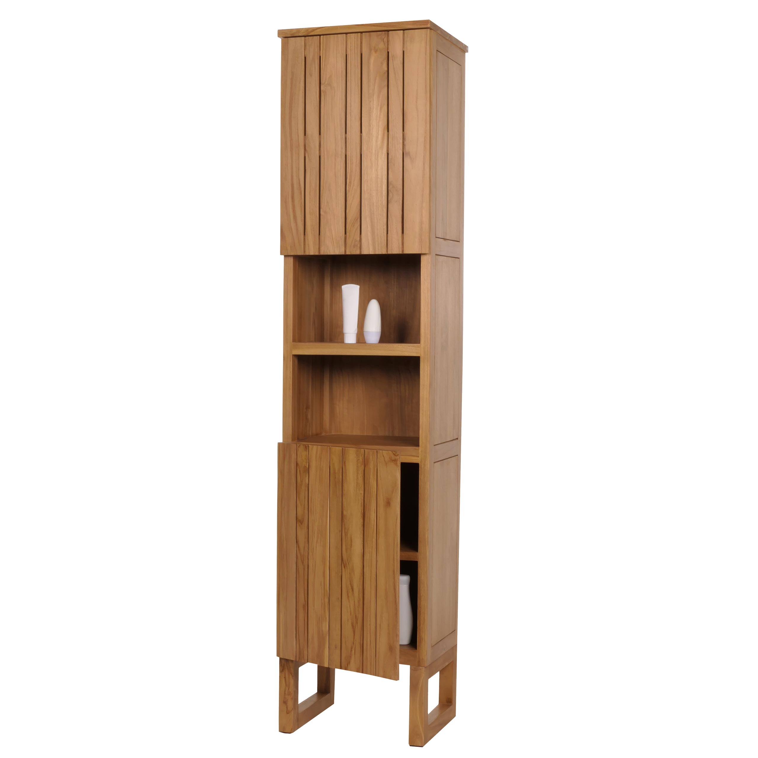 Teak-Hochschrank MCW-M72, Badschrank, 2 T&uuml;ren 6 F&auml;cher, hochwertiges B-Grade-Teak (Kernholz, 20-30 Jahre) 181x40x35cm 