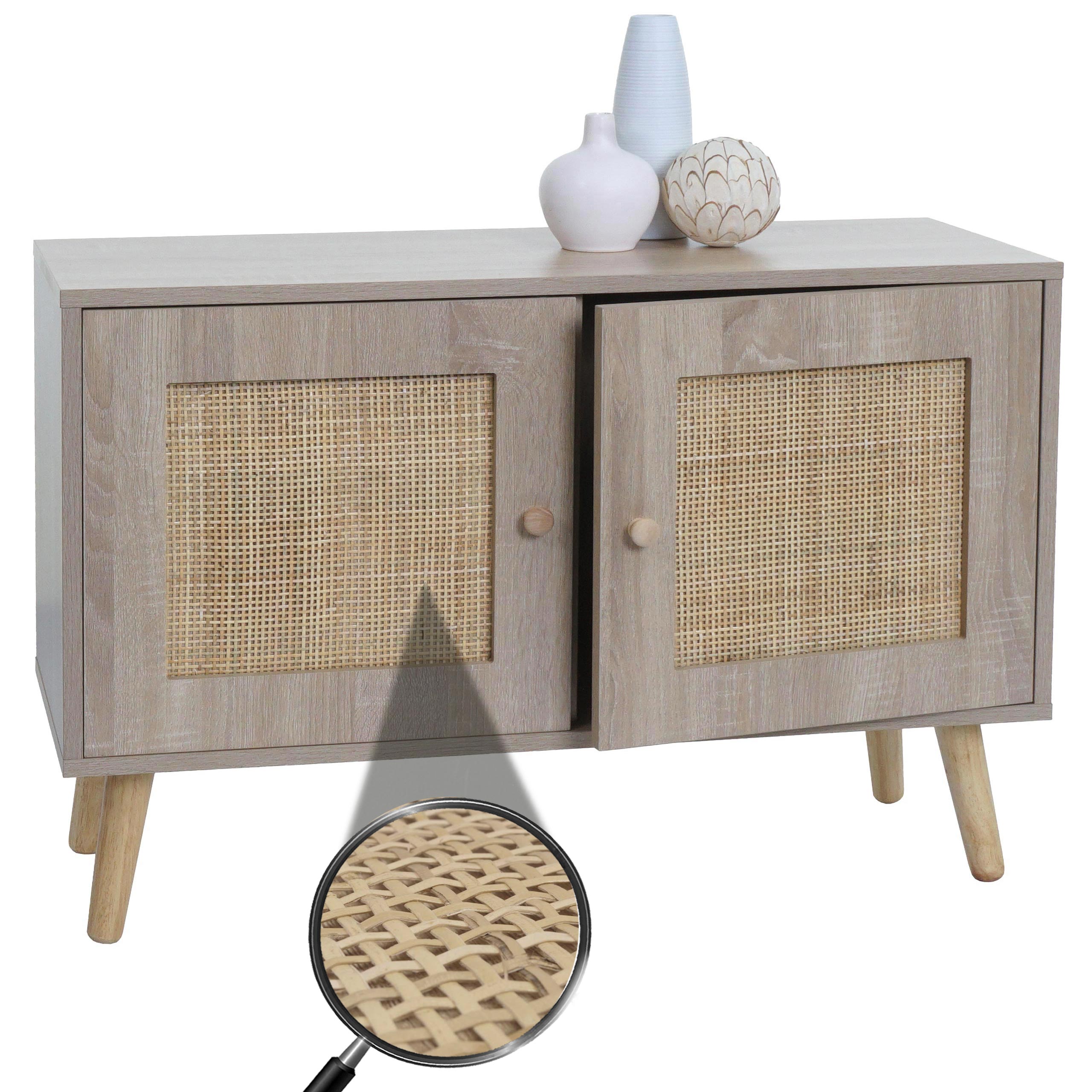 Kommode MCW-M40, Sideboard Schrank Highboard, Stauf&auml;cher, Kubu Rattan Holz Melamin, Eiche-Optik 