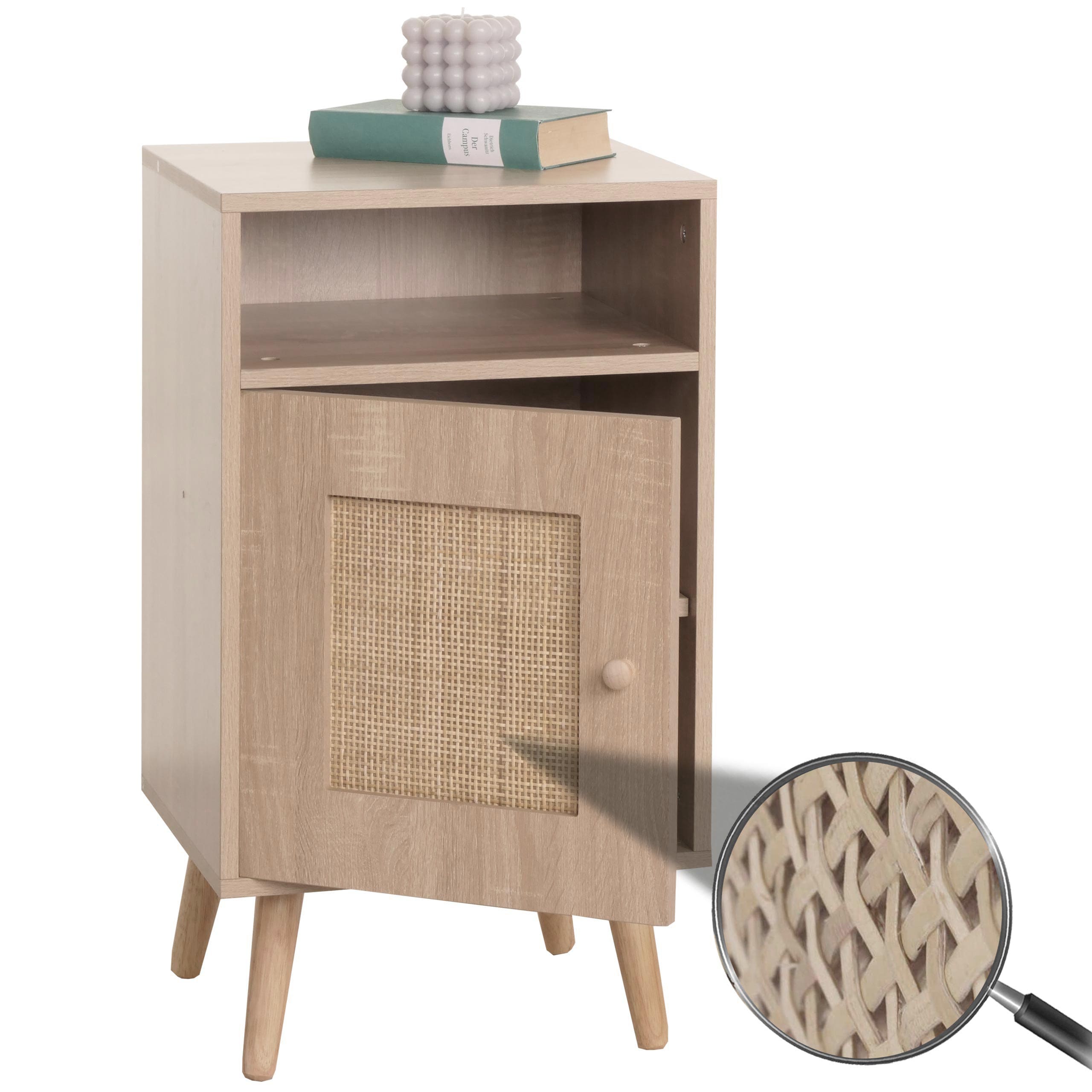 Nachttisch MCW-M39, Nachtschrank Kaffeetisch Beistelltisch, Stauf&auml;cher, Kubu Rattan Holz Melamin, Eiche-Optik 71x40x41cm 