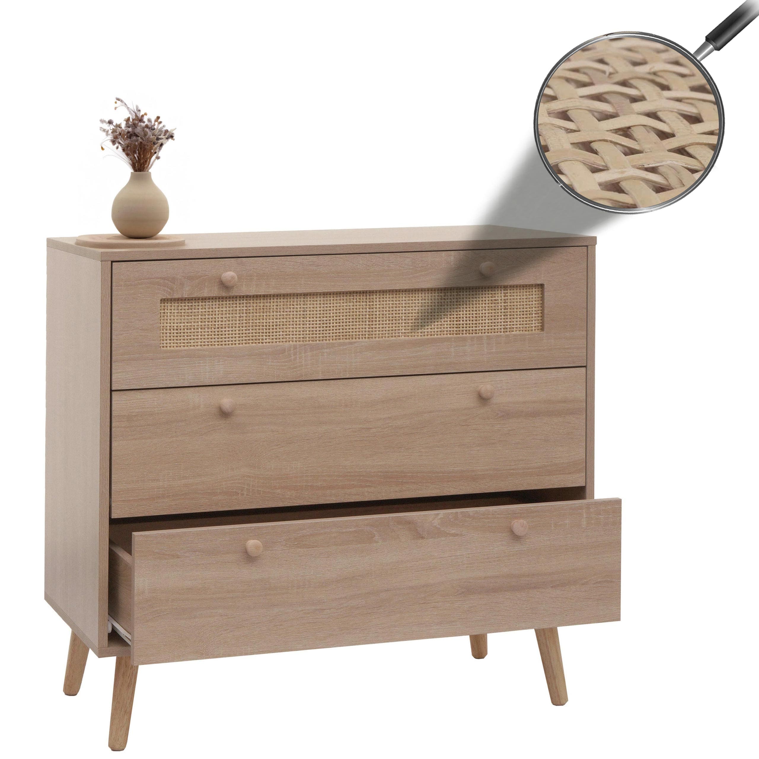 Schubladenkommode MCW-M39, Schrank Sideboard Highboard, Kubu Rattan Holz Melamin, 78x80x39cm Eiche-Optik 