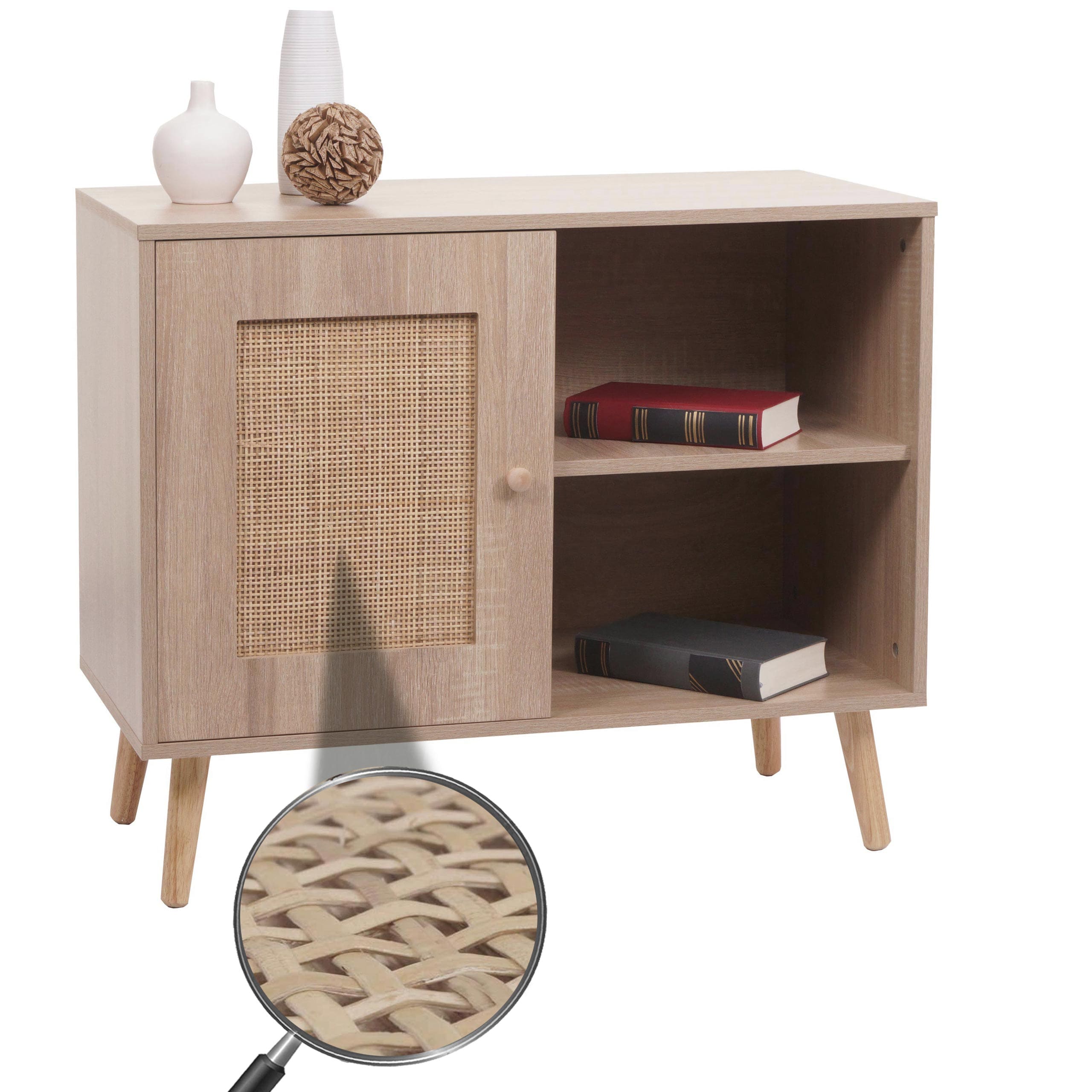 Kommode MCW-M39, Schrank Sideboard Highboard, Staufach, Kubu Rattan Holz Melamin, 67x80x38cm Eiche-Optik 