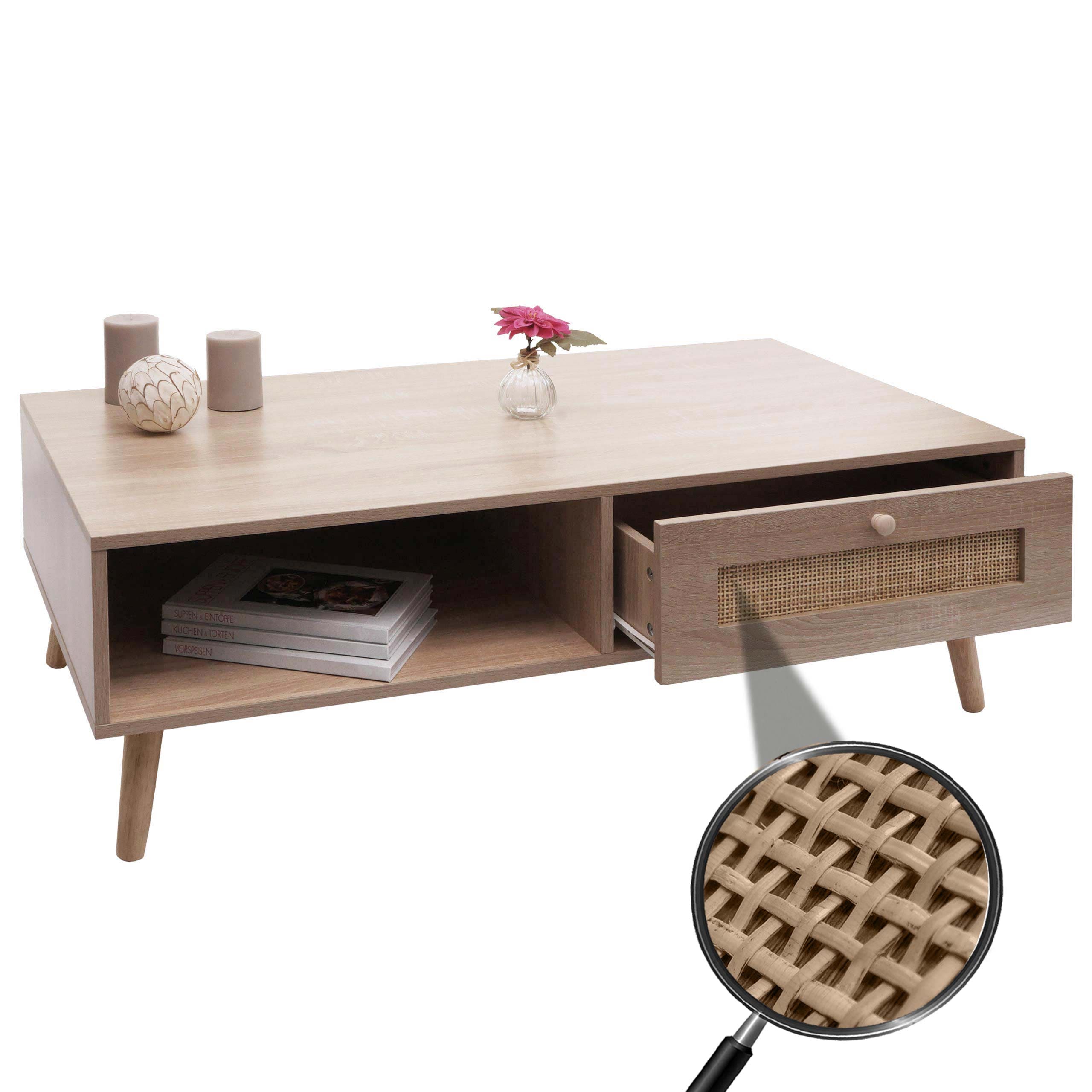 Couchtisch MCW-M39, Wohnzimmertisch Beistelltisch Sofatisch, Schublade Kubu Rattan Holz Melamin, 37x110x59cm Eiche-Optik 