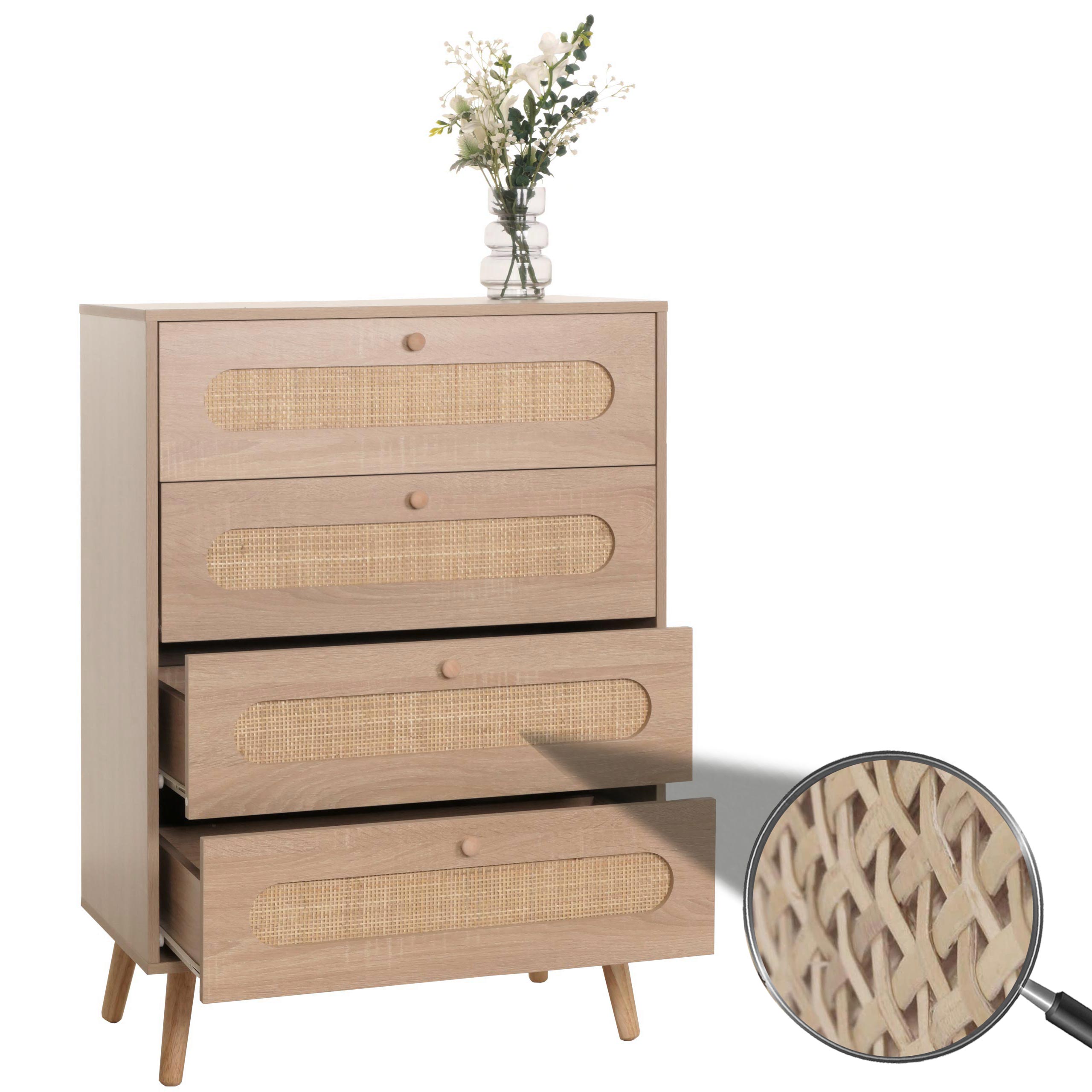 Kommode MCW-M38, Schrank Sideboard Highboard, Kubu Rattan Holz, 101x71x42cm Eiche-Optik 