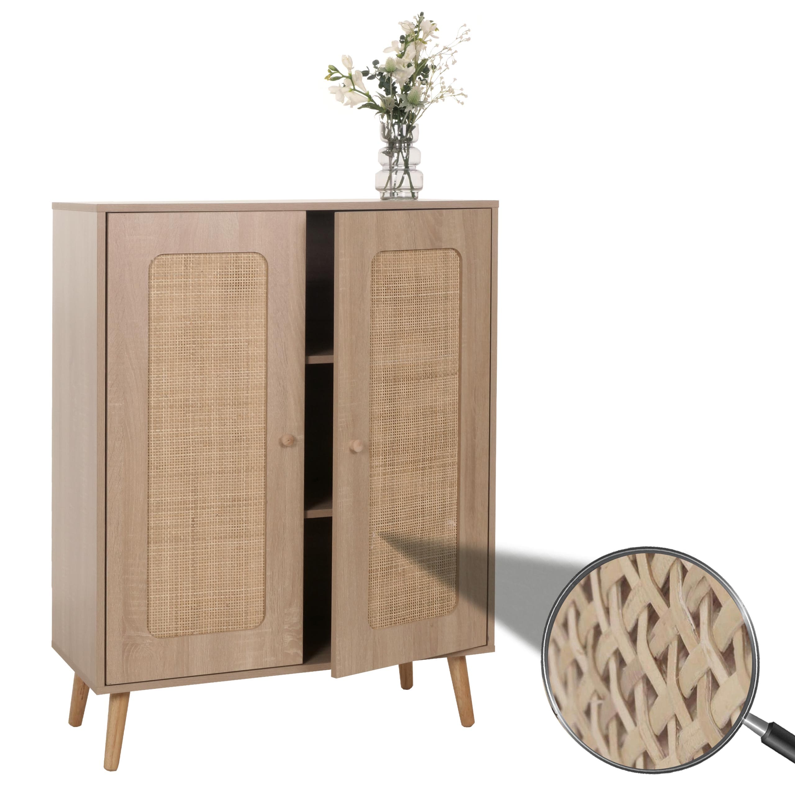 Highboard MCW-M38, Kommode Schrank Sideboard, Stauf&auml;cher, Kubu Rattan Holz 106x80x41cm ~ Eiche-Optik 