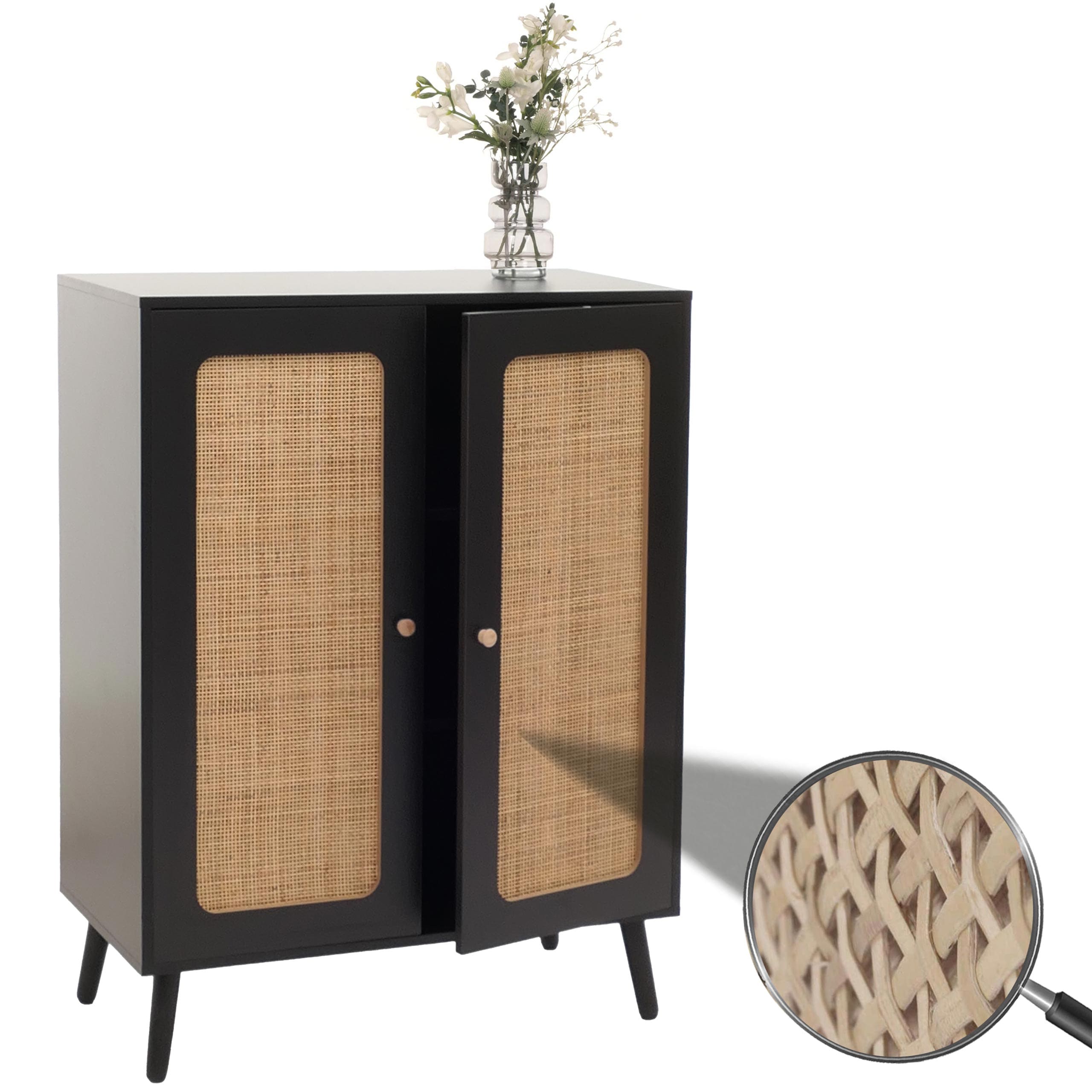 Highboard MCW-M38, Kommode Schrank Sideboard, Stauf&auml;cher, Kubu Rattan Holz 106x80x41cm ~ schwarz 