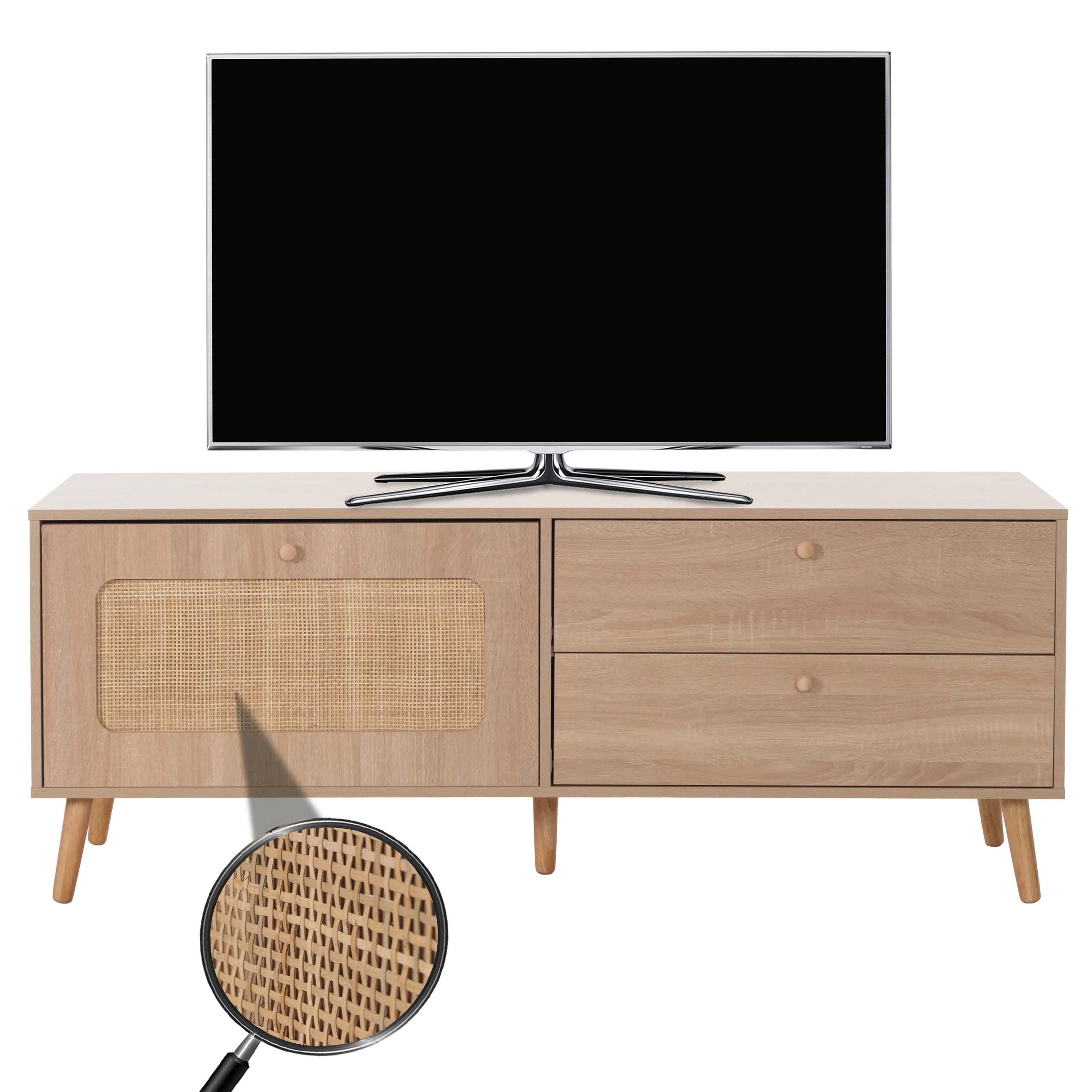 TV-Rack MCW-M38, Lowboard Fernsehtisch TV-Schrank Kommode, Schublade T&uuml;re, Kubu Rattan Holz 56x140x41cm Eiche-Optik 
