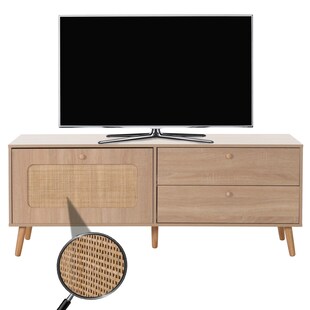 TV-Rack MCW-M38, Lowboard Fernsehtisch TV-Schrank Kommode, Schublade Türe, Kubu Rattan Holz 56x140x41cm Eiche-Optik 