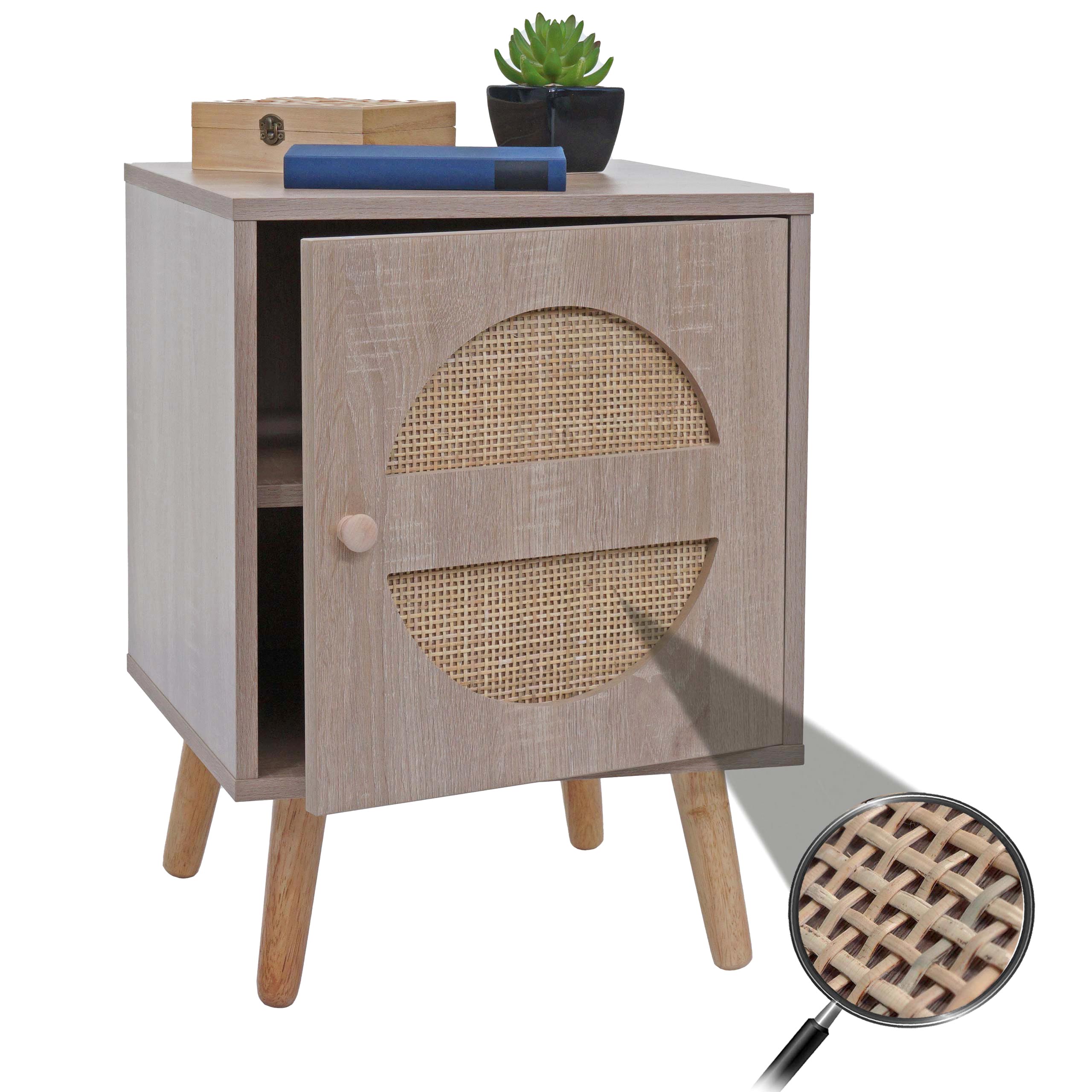 Nachttisch MCW-M35, Kaffeetisch Beistelltisch, Stauf&auml;cher, Kubu Rattan Holz Melamin, Eiche-Optik 56x40x40cm 