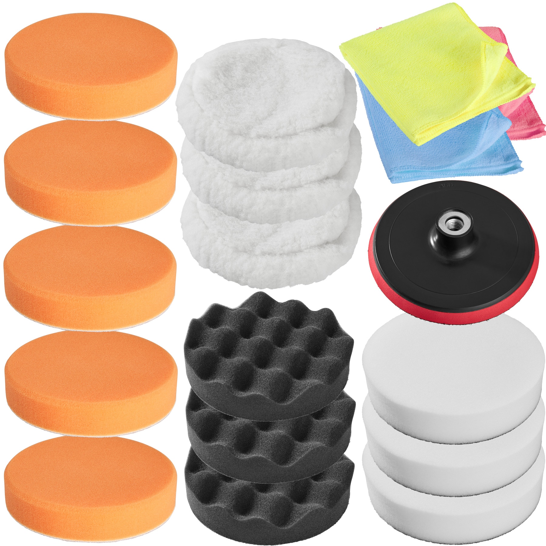 tectake&reg; 18-teiliges Polierschwamm-Set, 3 Polierfelle, 3 Mikrofasert&uuml;cher, Befestigung mit Klettverschluss 