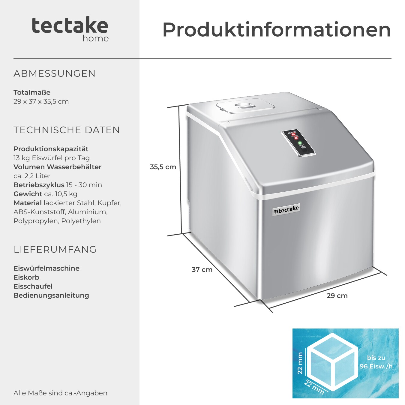 tectake® Eiswürfelmaschine, für klare Eiswürfel, 2,2 l Wassertank, 13 kg in 24 h, inklusive Eiskorb und Eisschaufel bei Marktkauf online bestellen
