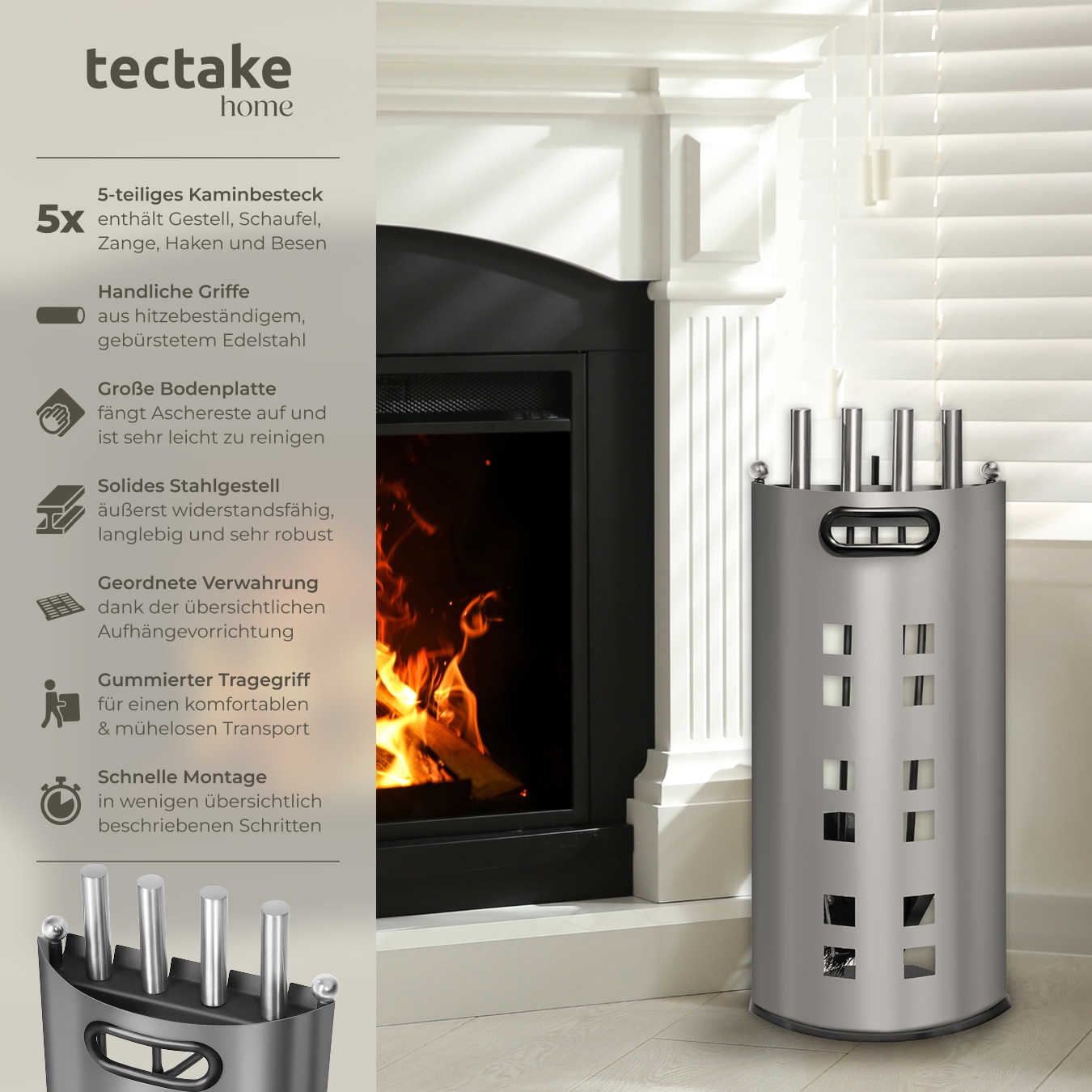 tectake® Kaminbesteck, 5-teilig, Schürhaken, Zange, Besen, Schaufel und Halter mit Edelstahlgriffen, 23 x 14,5 x 58 cm bei Marktkauf online bestellen