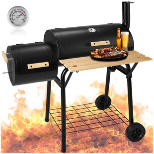 tectake® Holzkohlegrill, 3 in 1, zum Grillen, Räuchern, Garen, mit 2 Rädern, mit Thermometer, 115 x 67 x 115 cm 