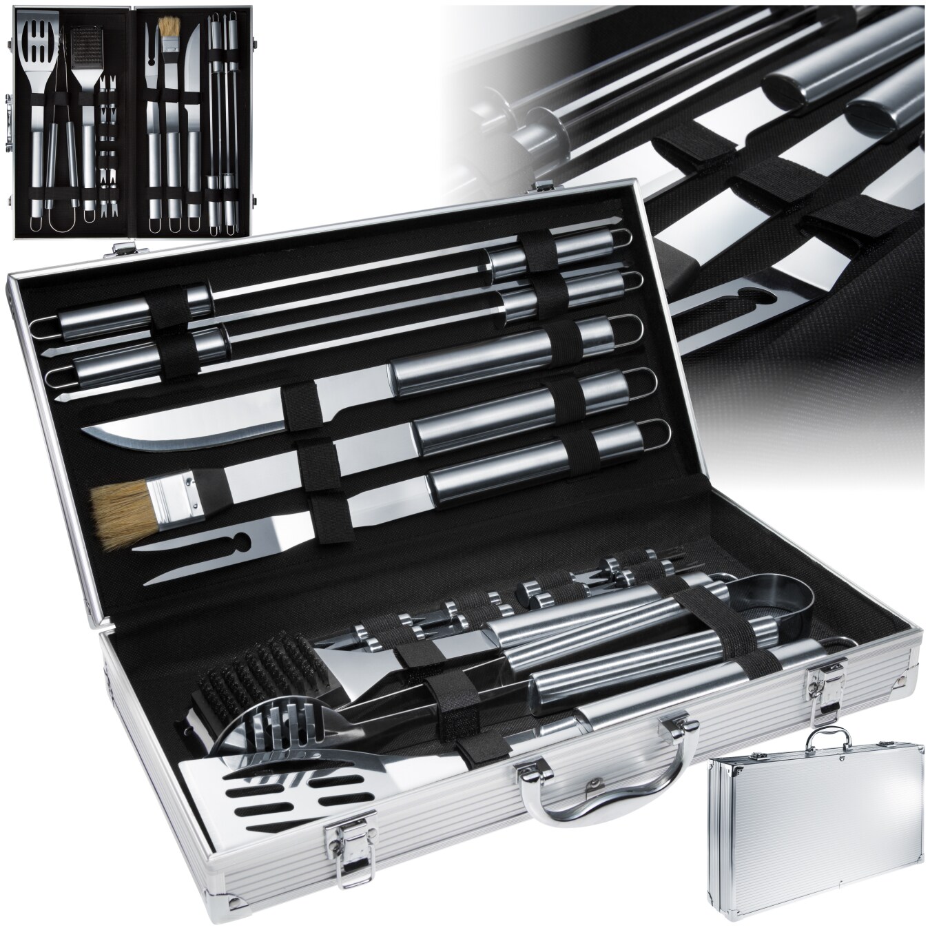 tectake&reg; Grillbesteck, aus Edelstahl, lange Griffe, inklusive Aluminiumkoffer 