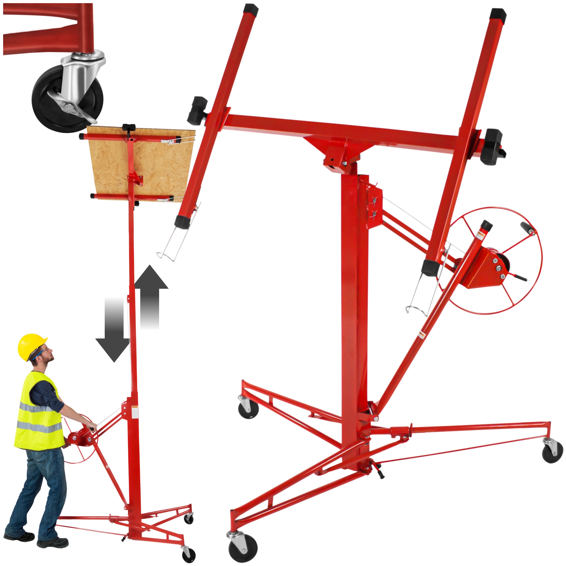 tectake&reg; Plattenheber, 1-Mann-Bedienung, neigbar, breite Stativf&uuml;&szlig;e mit 3 Lenkrollen inklusive Feststellbremsen 