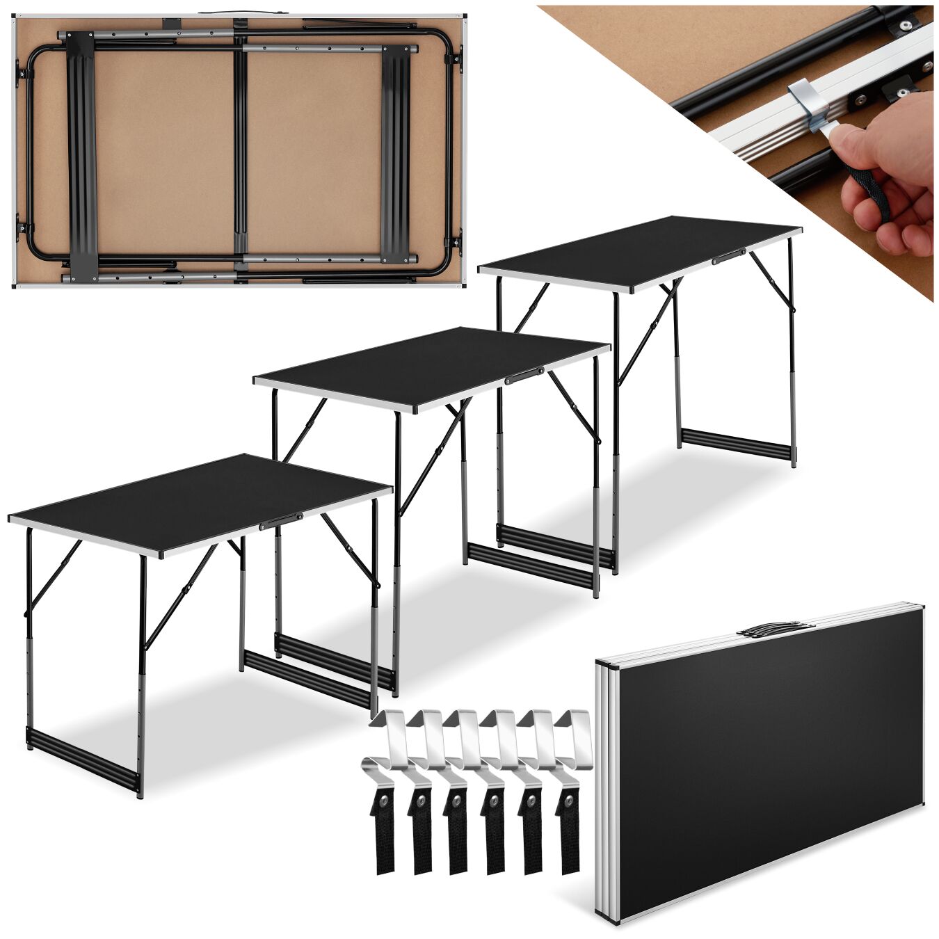 tectake&reg; 3er Set Tapeziertisch, klappbar, mit Kantenschutz und Tragegriff, 300 x 60 x 73 - 94 cm 