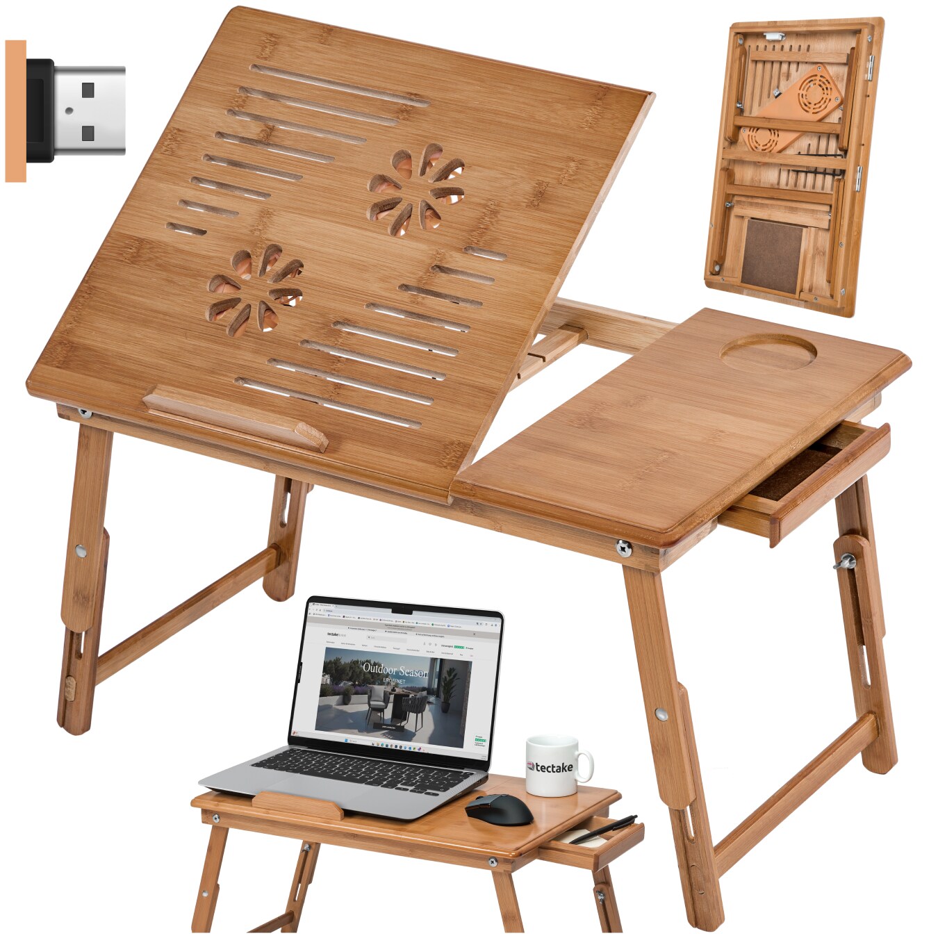 tectake&reg; Laptoptisch, aus Bambus, klappbar und h&ouml;henverstellbar, mit USB-Doppell&uuml;fter, 55 x 35 x 26 cm 