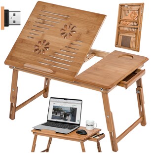 tectake® Laptoptisch, aus Bambus, klappbar und höhenverstellbar, mit USB-Doppellüfter, 55 x 35 x 26 cm 