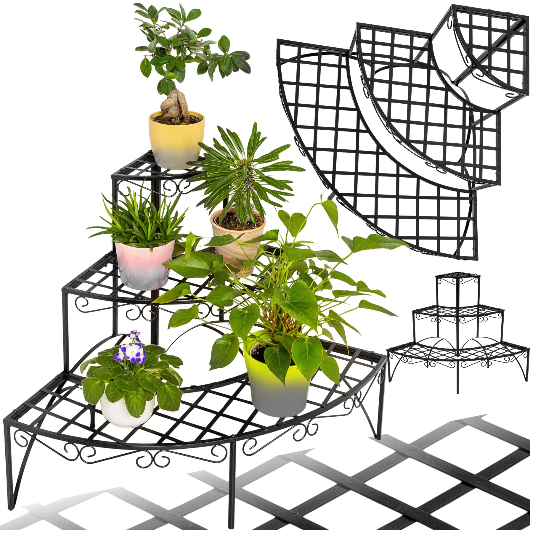 tectake&reg; Blumentreppe, mit 3 Stufen, geschwungene Verzierungen, 60 x 60 x 60 cm 