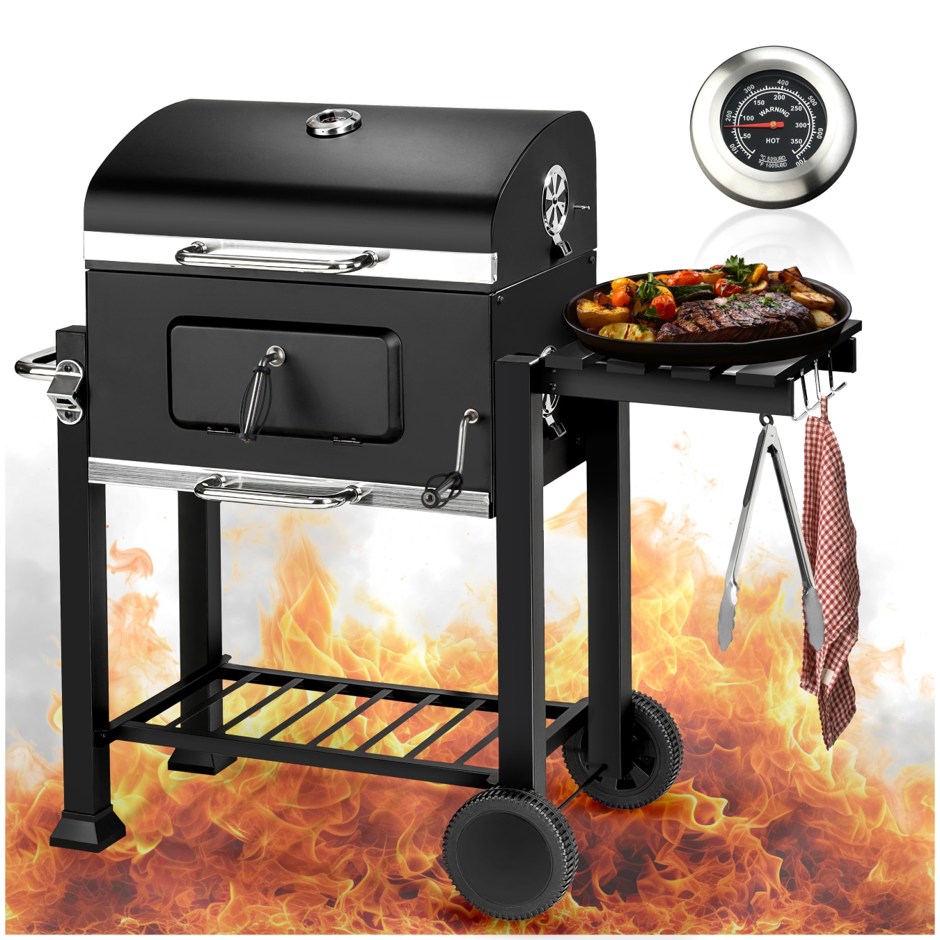 tectake&reg; Holzkohlegrill, mit 2 R&auml;dern, mit Thermometer, h&ouml;henverstellbare Holzkohlewanne mit Ascheschublade, 115 x 65 x 107 cm 
