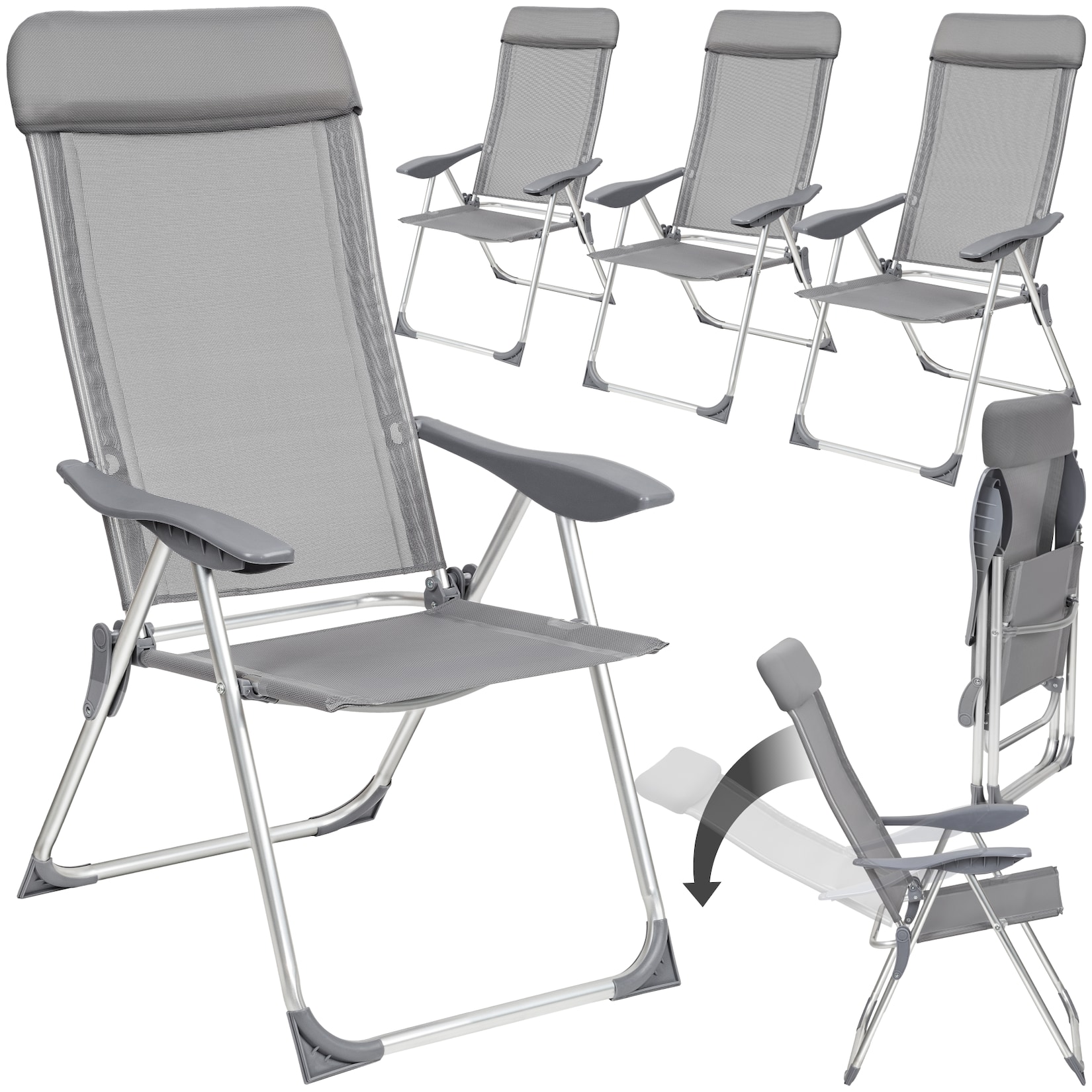 tectake® 4er Set Aluminium Gartenstuhl, klappbar, 5-fach verstellbare Rückenlehne mit Kopfpolster, 73 x 59 x 110 cm