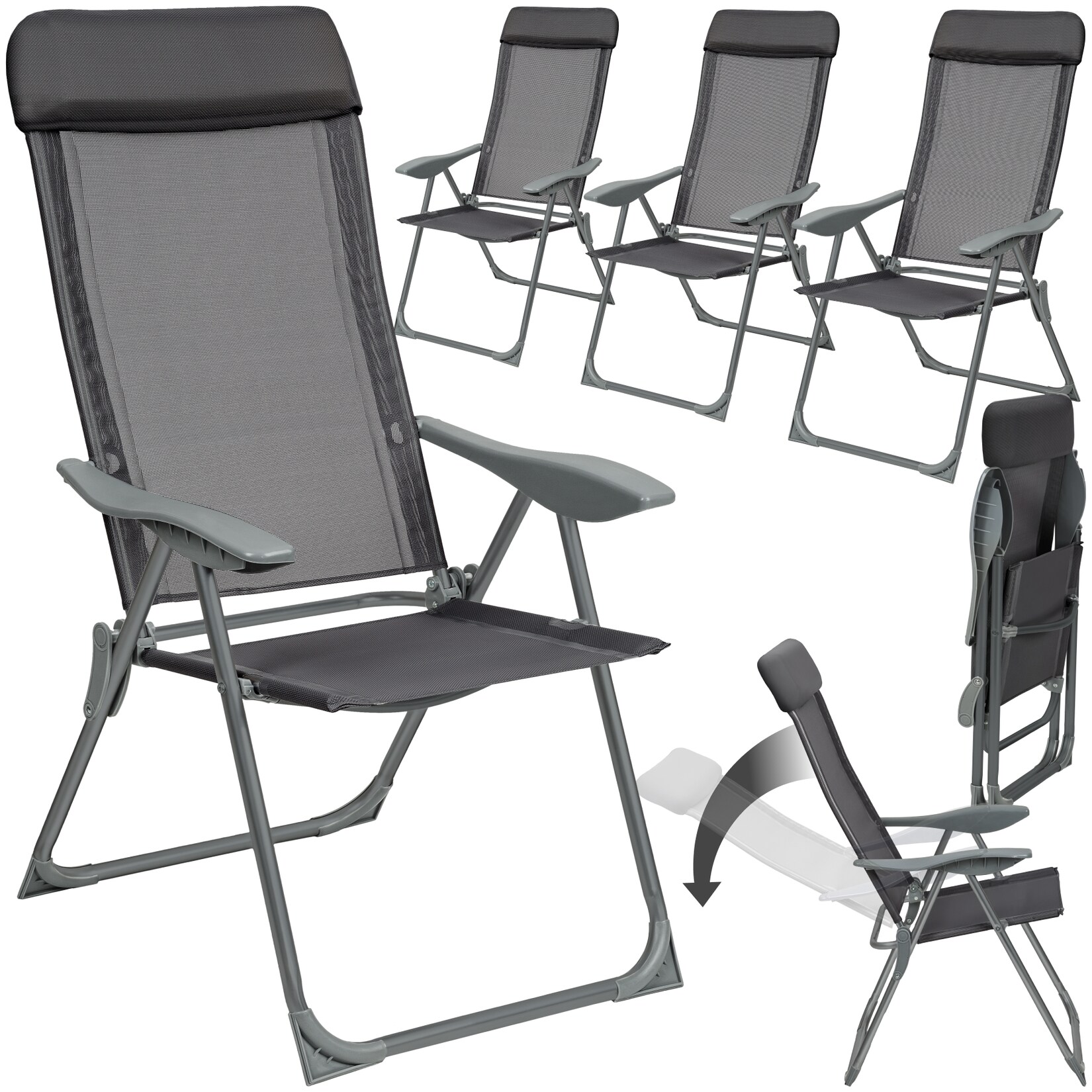 tectake® 4er Set Aluminium Gartenstuhl, klappbar, 5-fach verstellbare Rückenlehne mit Kopfpolster, 73 x 59 x 110 cm