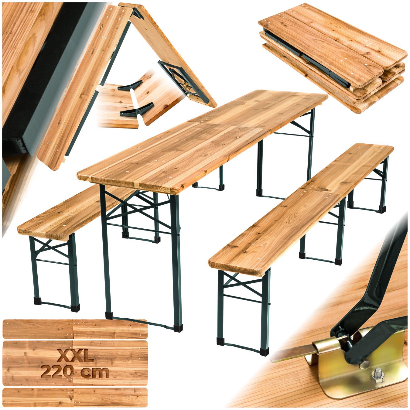 tectake&reg; Bierzeltgarnitur, 3-teilig, klappbar, beschichtetes Stahlgestell mit soliden Scharnieren, Holzlackierung mit Klarlack 