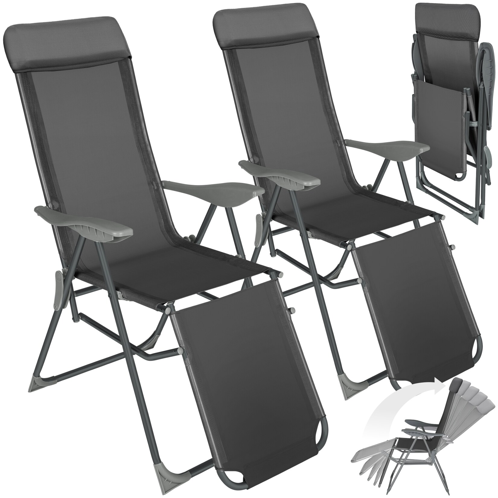 tectake® 2er Set Aluminium Gartenstuhl, klappbar, 5-fach verstellbare Rückenlehne mit Kopfpolster, bewegliches Fußteil-Gewebe, 146,5 x 59 x 117,5 cm