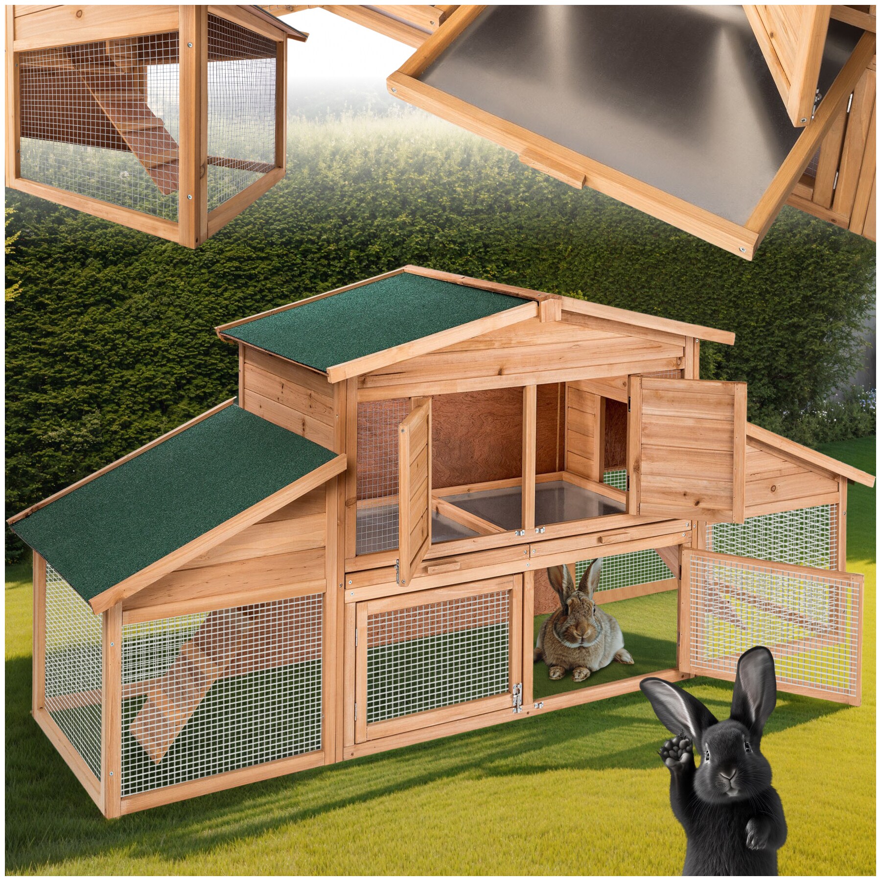 tectake&reg; Kleintierstall, aus Holz, 4 T&uuml;ren, Ruhezone und Freilaufbereich, inklusive ausziehbarer Schublade, 226 x 77 x 95,5 cm 