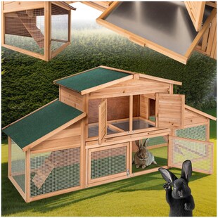 tectake® Kleintierstall, aus Holz, 4 Türen, Ruhezone und Freilaufbereich, inklusive ausziehbarer Schublade, 226 x 77 x 95,5 cm 