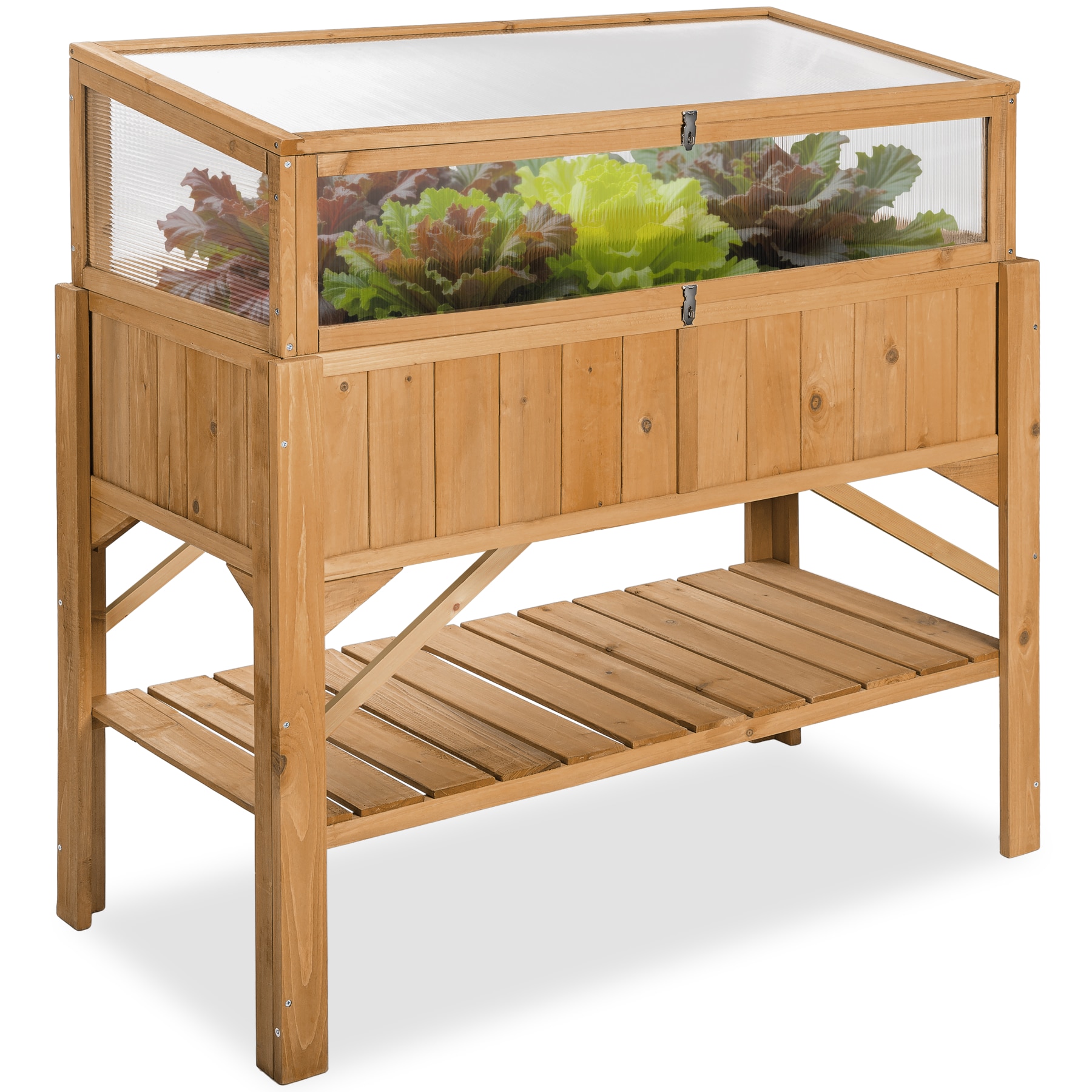 tectake&reg; Hochbeet, aus Holz, mit Ablage und Fr&uuml;hbeet-Aufsatz, Hohlkammerplatten und arretierbares Dach, F&uuml;llmenge 130 l, 119 x 57 x 124 cm 