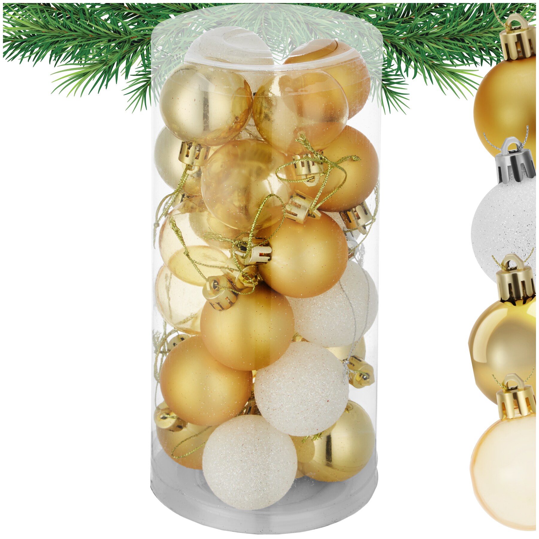 tectake&reg; Weihnachtskugeln, 24er-Set in Wei&szlig; und Gold, matt, gl&auml;nzend, glitzernd und transparent, Durchmesser 4 cm 