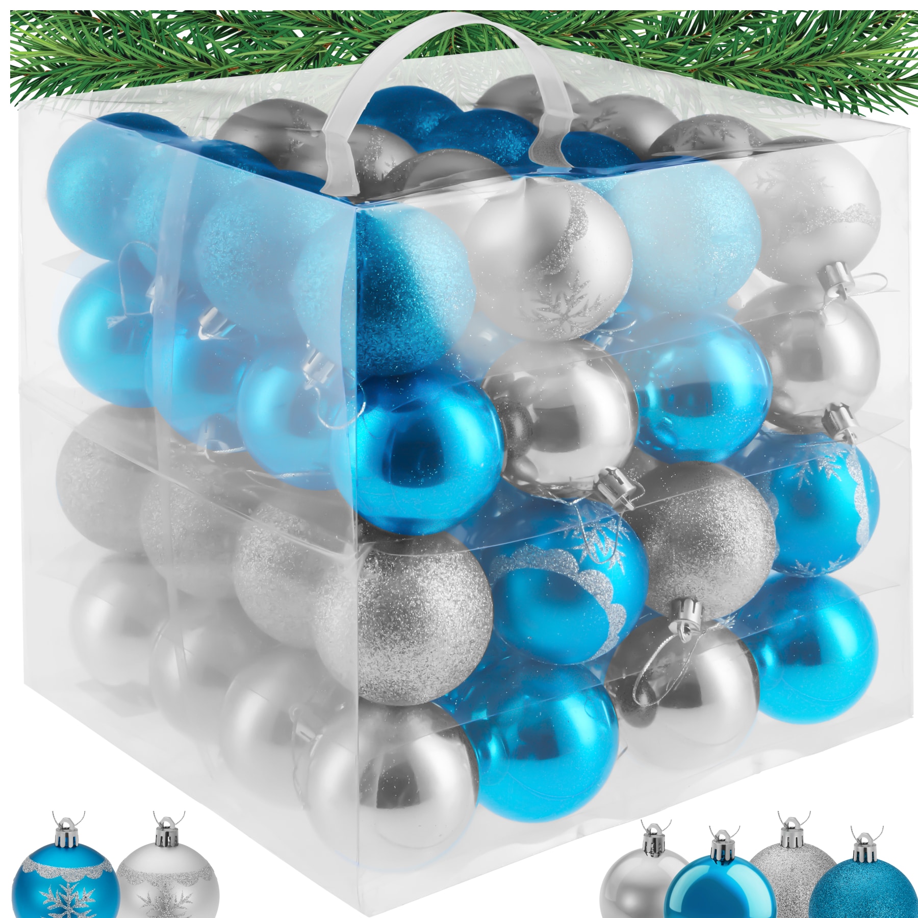 tectake&reg; Weihnachtskugeln, 64er-Set in SIlber und Blau, matt, gl&auml;nzend, glitzernd und mit Eisblumen-Verzierung, Durchmesser 6 cm 