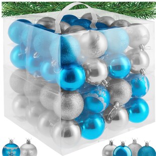 tectake® Weihnachtskugeln, 64er-Set in SIlber und Blau, matt, glänzend, glitzernd und mit Eisblumen-Verzierung, Durchmesser 6 cm 