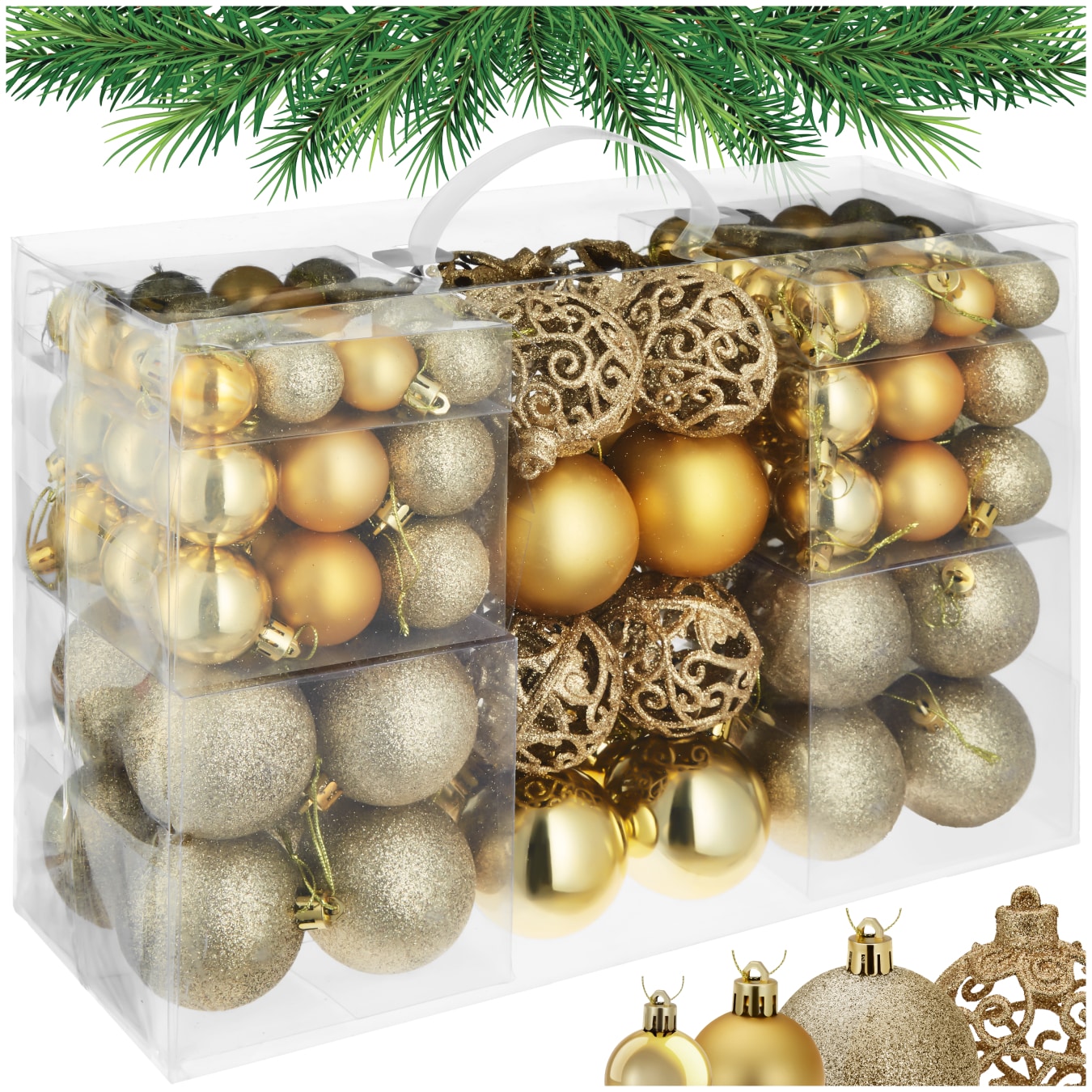 tectake&reg; Weihnachtskugeln, 100er-Set in Gold, matt, gl&auml;nzend und glitzernd, Durchmesser 3, 4 und 6 cm 