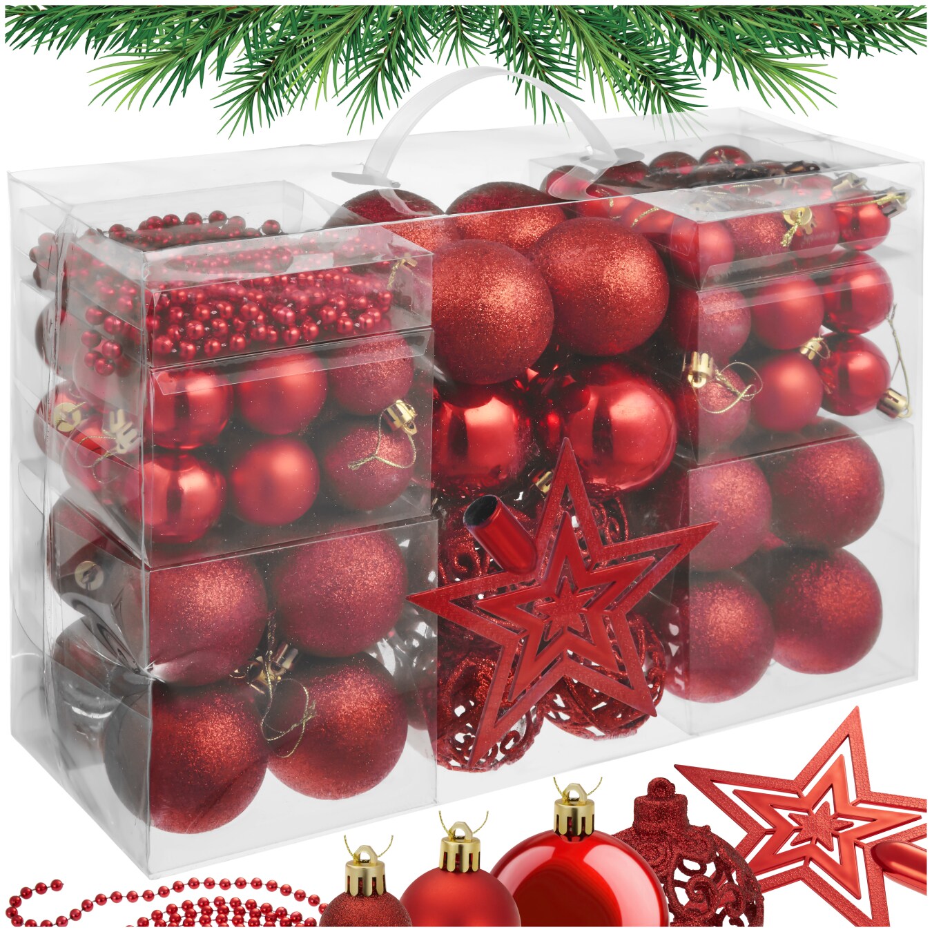tectake&reg; Weihnachtskugeln, 86-er Set in Rot, inklusive Perlenkette und Stern, matt, gl&auml;nzend und glitzernd, Durchmesser 3, 4 und 6 cm 